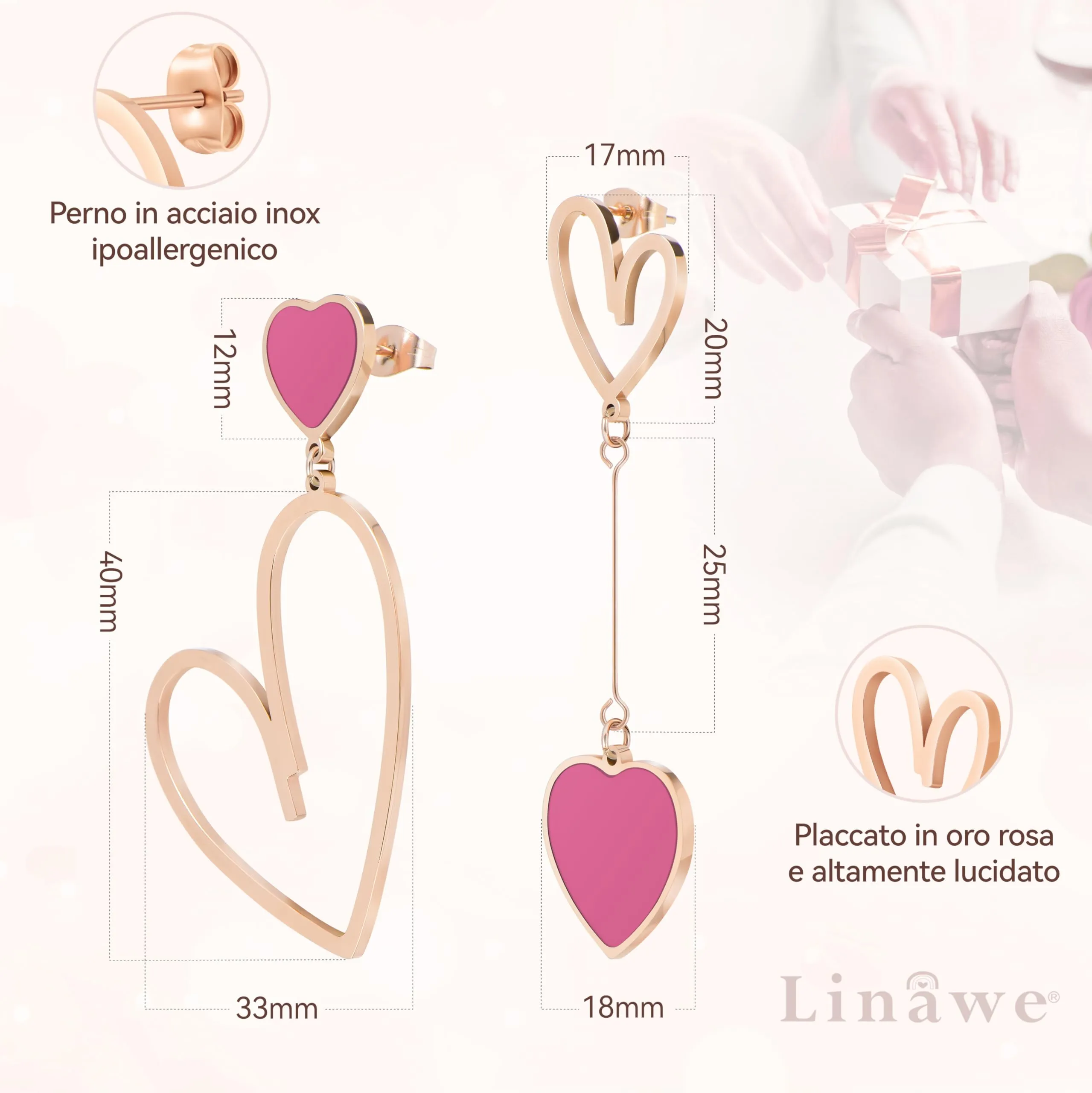 Linawe Orecchini a Cuore Pendenti in Oro Rosa e Acciaio Inossidabile per Donna - immagine 5