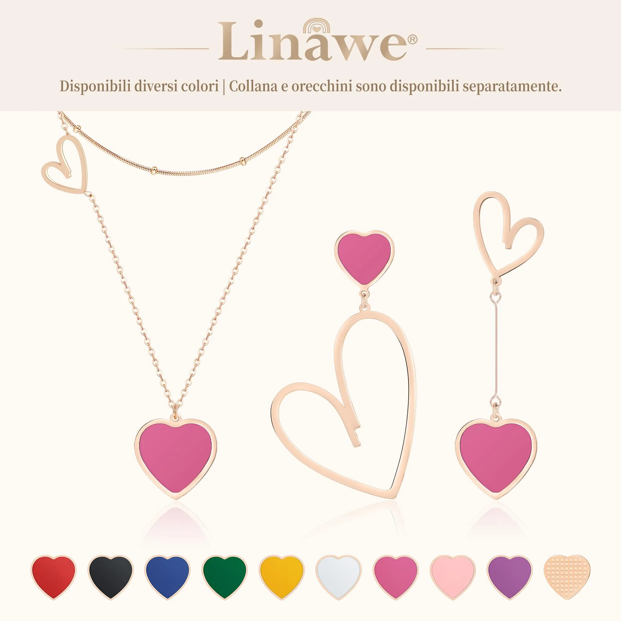 Linawe Orecchini a Cuore Pendenti in Oro Rosa e Acciaio Inossidabile per Donna - immagine 6