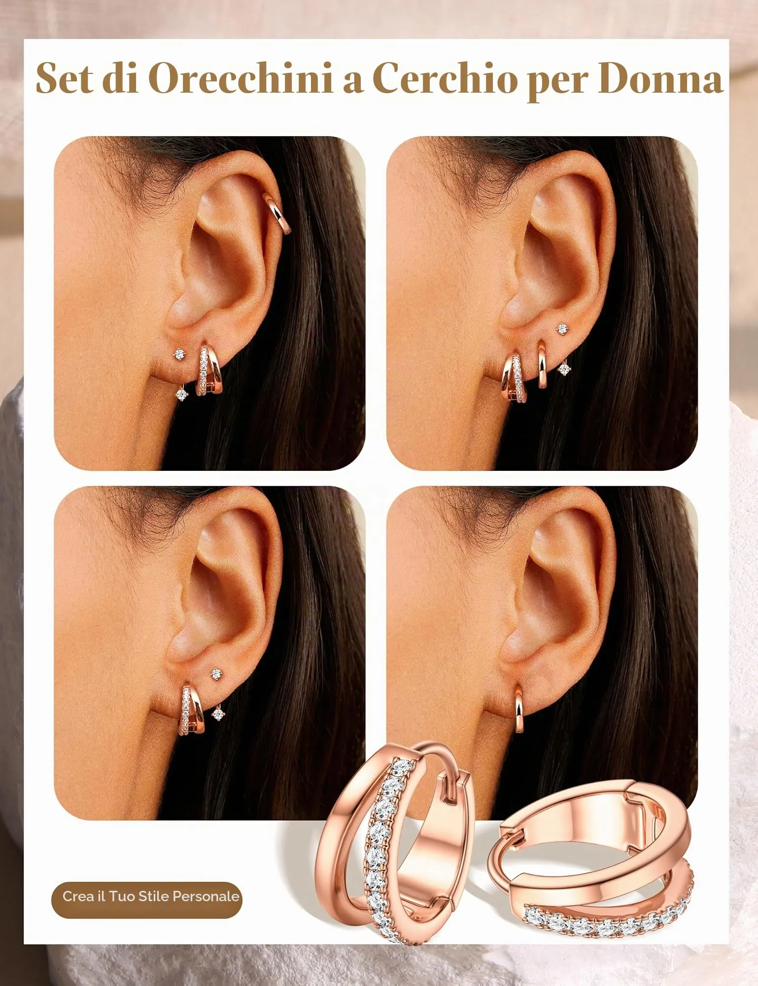 Finrezio Set 3 Paia Orecchini Huggie Donna Oro Rosa 10 mm - immagine 2