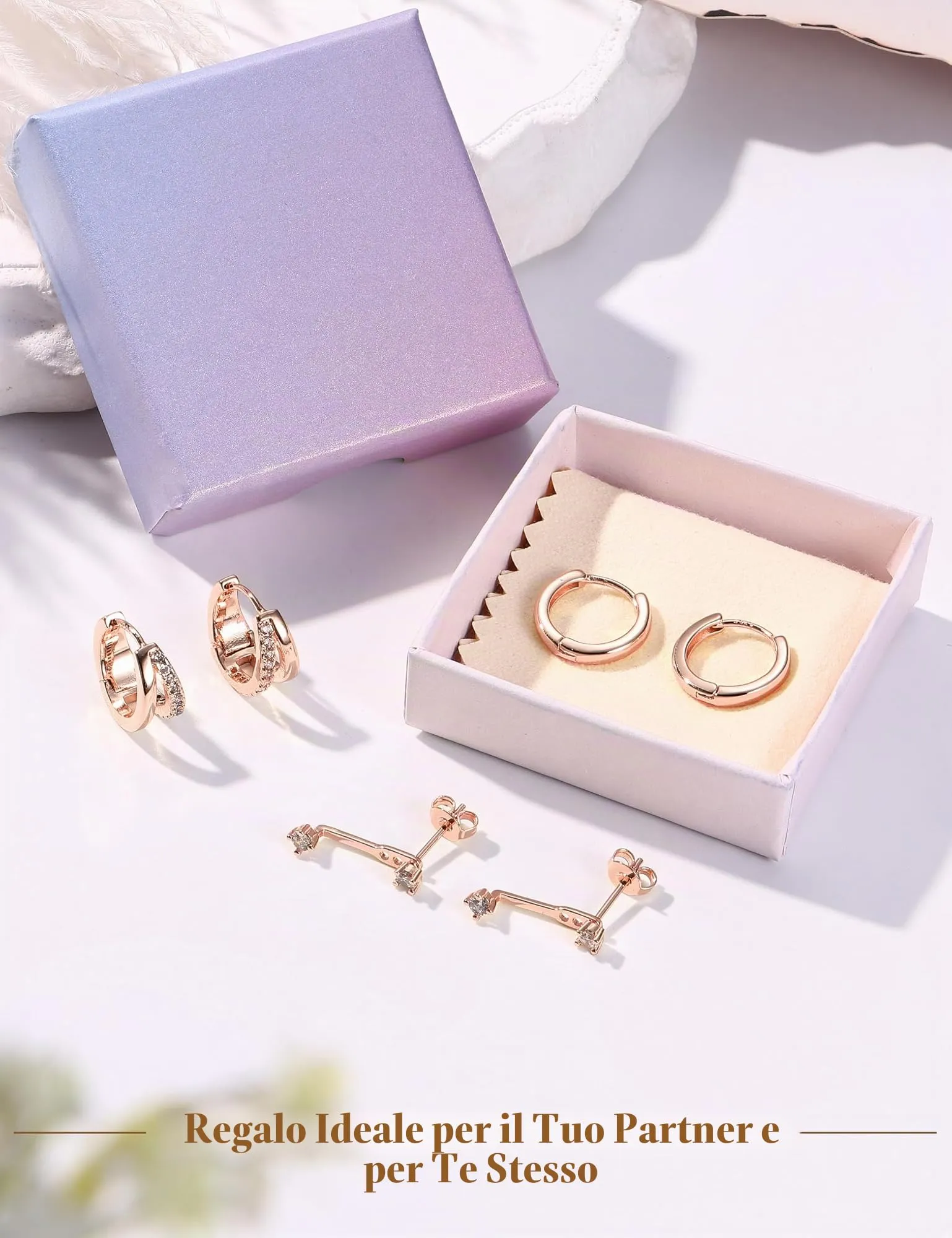 Finrezio Set 3 Paia Orecchini Huggie Donna Oro Rosa 10 mm - immagine 5