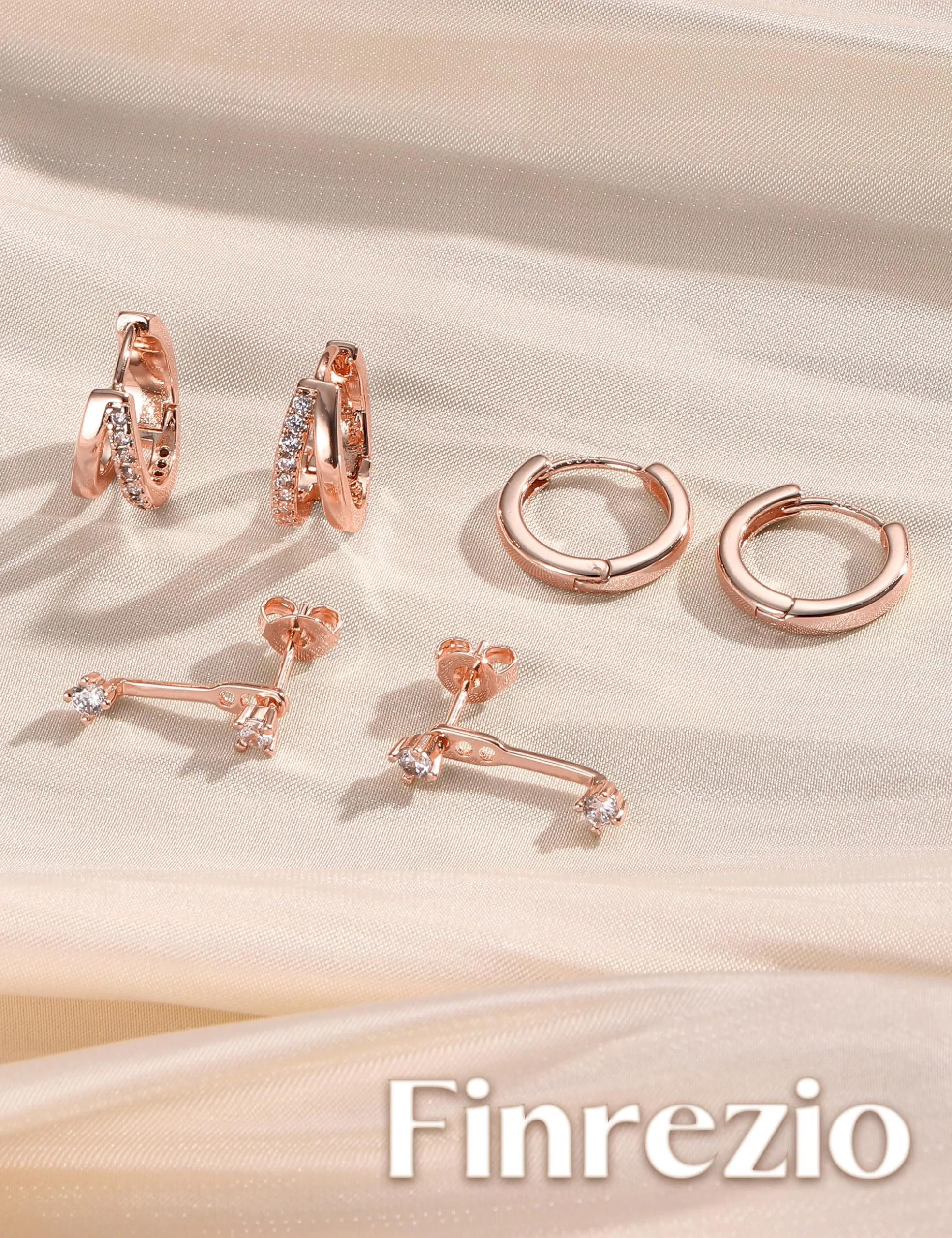 Finrezio Set 3 Paia Orecchini Huggie Donna Oro Rosa 10 mm - immagine 6