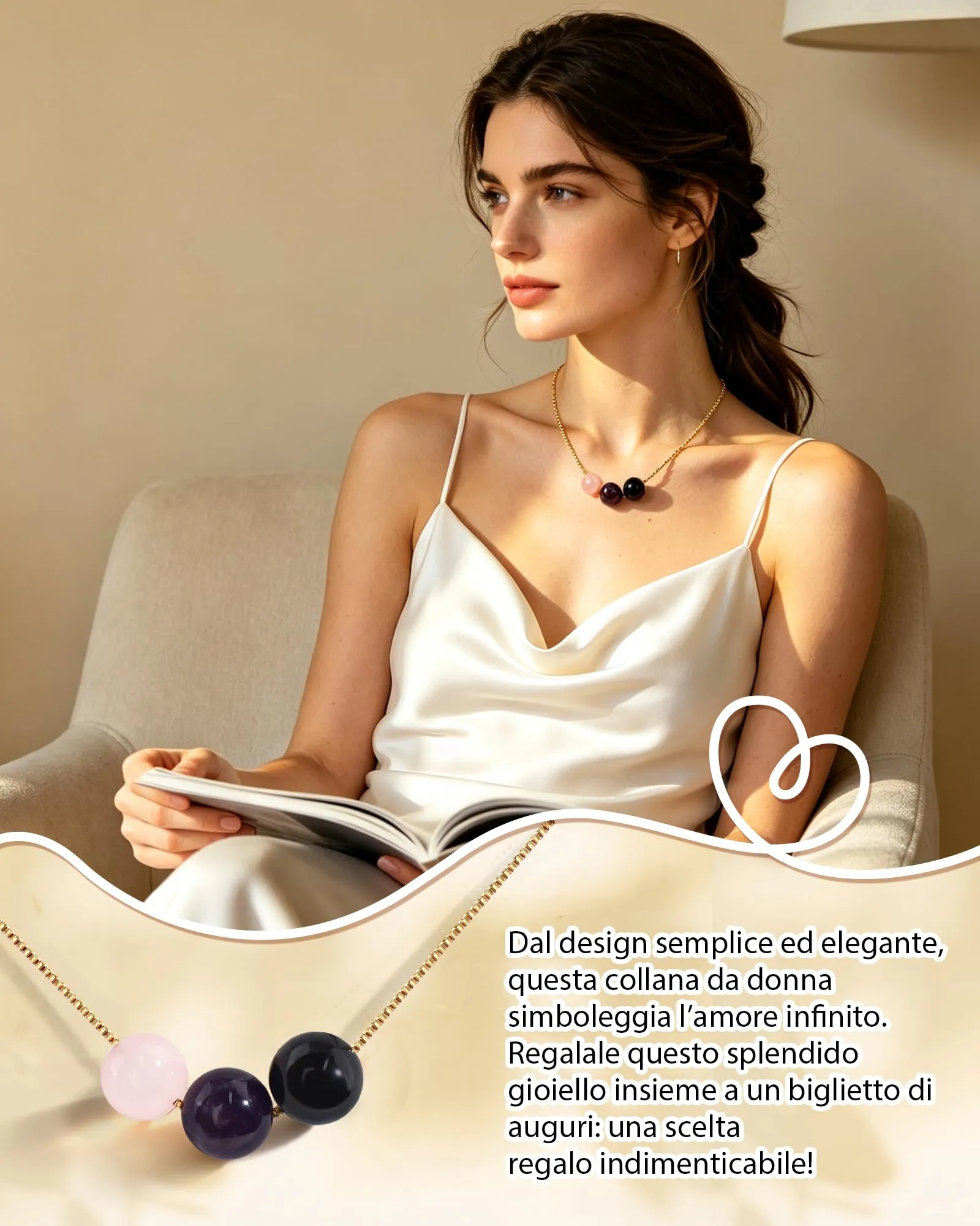 Cheerslife Collana Donna in Pietre Naturali (Quarzo Rosa, Ametista, Tormalina Nera) in Acciaio Inossidabile Color Oro - immagine 2