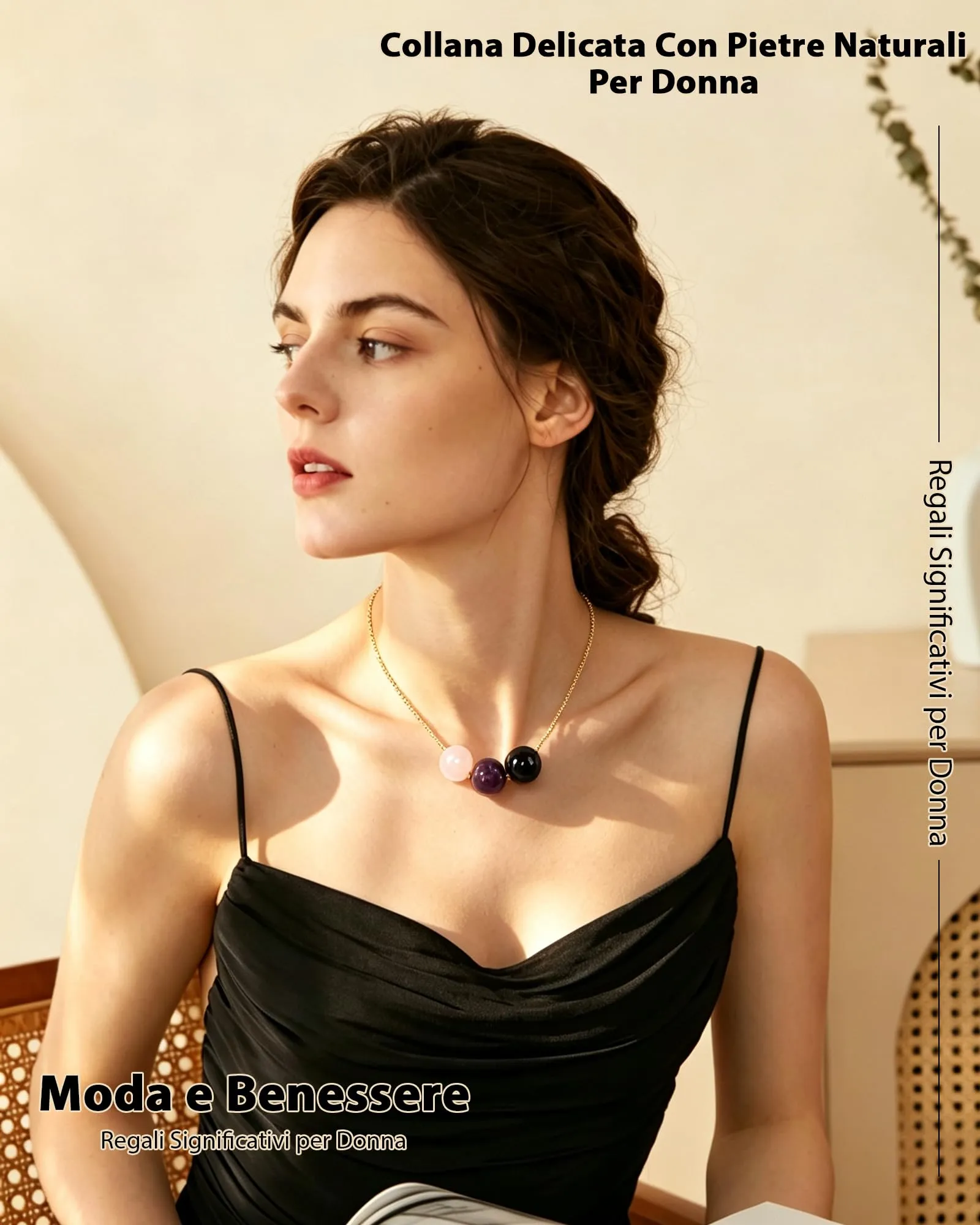 Cheerslife Collana Donna in Pietre Naturali (Quarzo Rosa, Ametista, Tormalina Nera) in Acciaio Inossidabile Color Oro - immagine 3