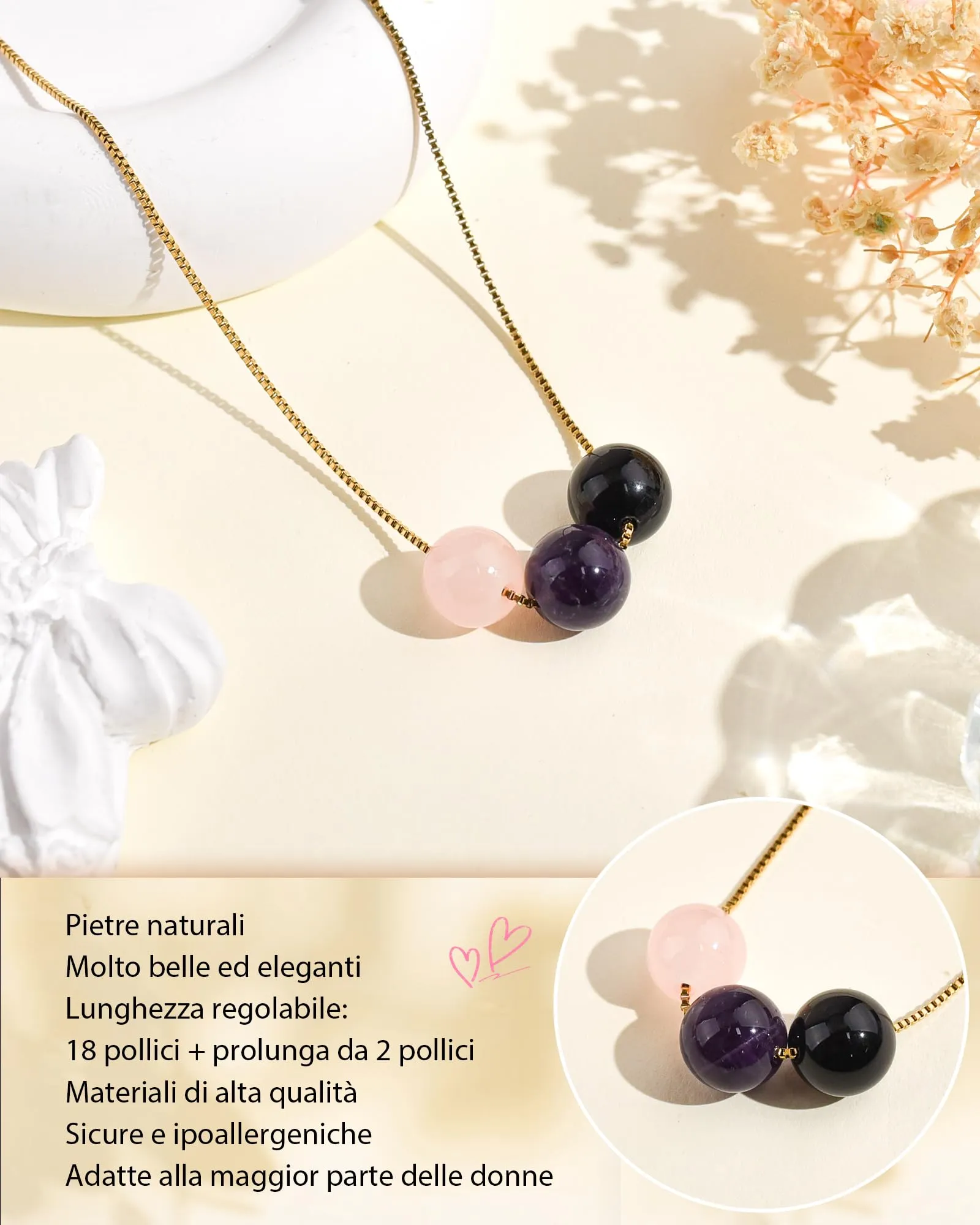 Cheerslife Collana Donna in Pietre Naturali (Quarzo Rosa, Ametista, Tormalina Nera) in Acciaio Inossidabile Color Oro - immagine 4