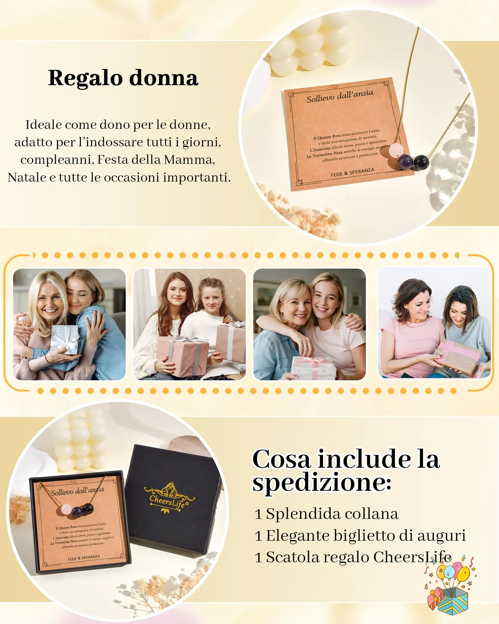 Cheerslife Collana Donna in Pietre Naturali (Quarzo Rosa, Ametista, Tormalina Nera) in Acciaio Inossidabile Color Oro - immagine 6
