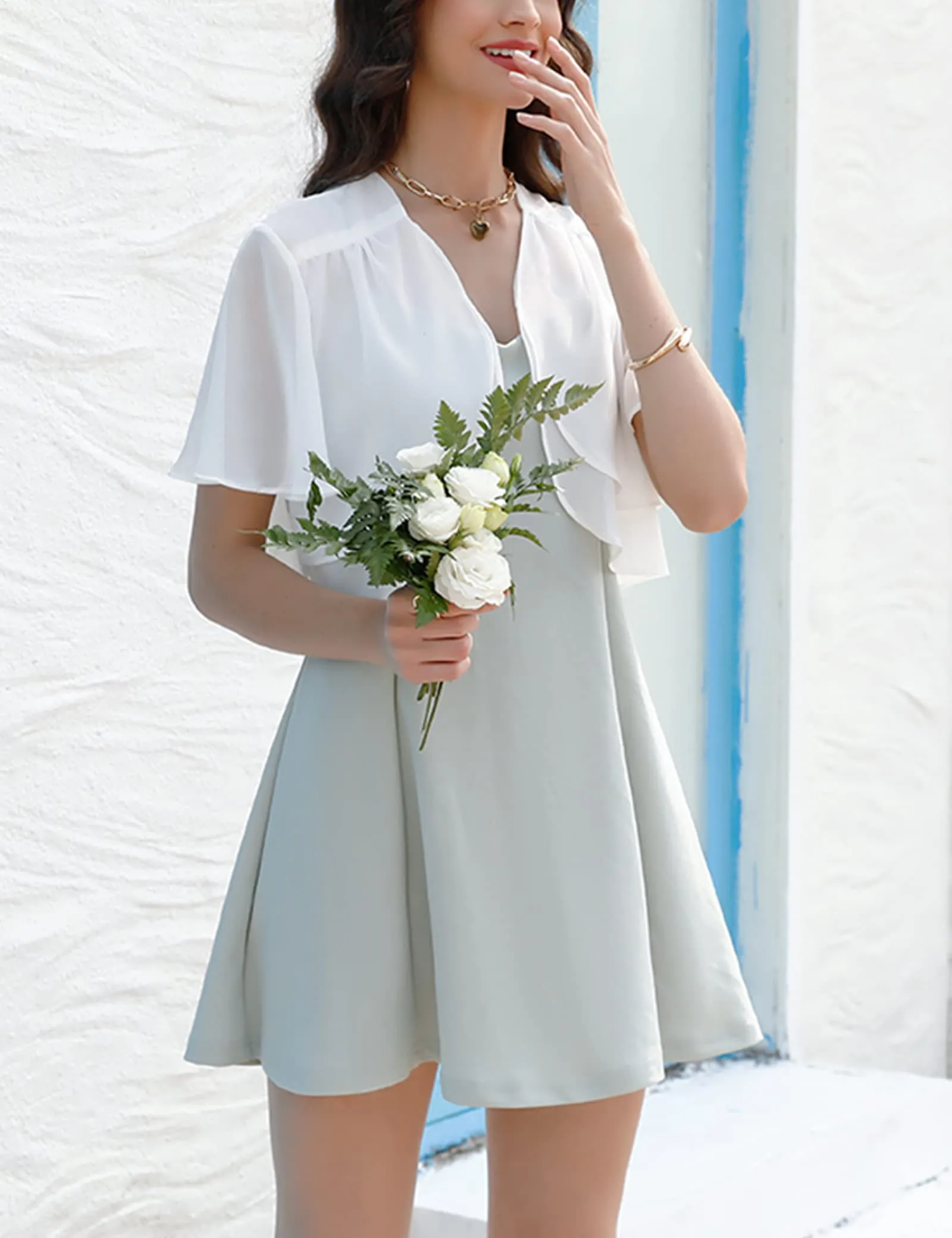 Aottori Coprispalle Donna in Chiffon, Bianco, S - immagine 9