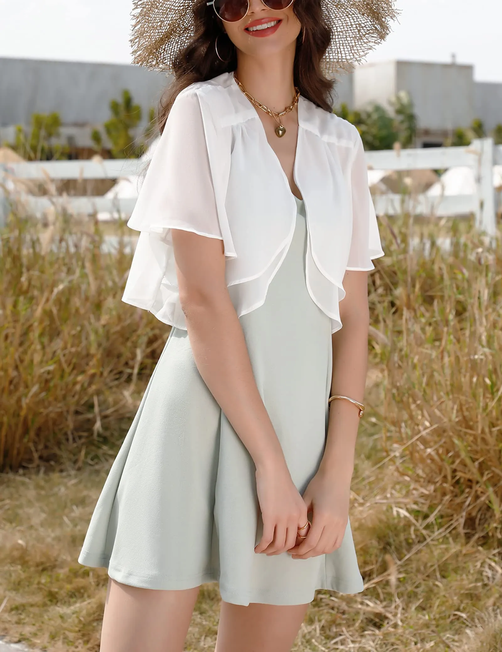 Aottori Coprispalle Donna in Chiffon Maniche Corte Bianco M - immagine 7
