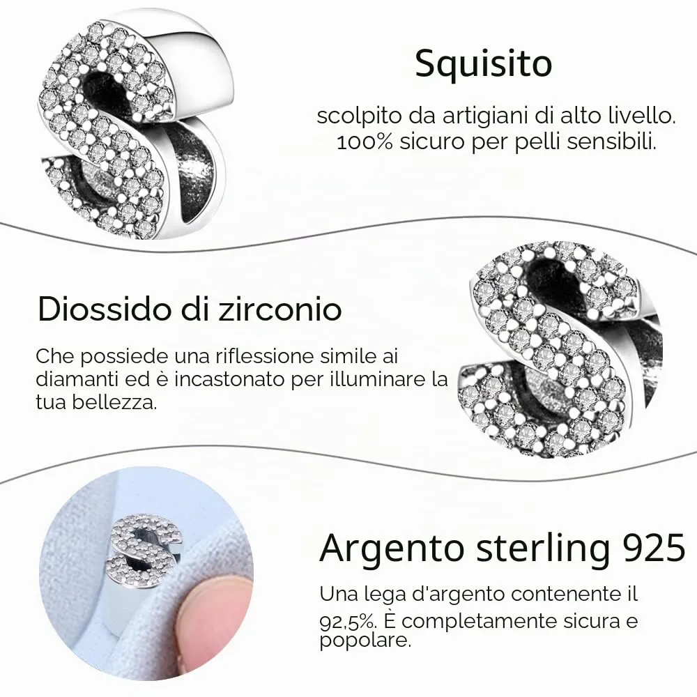 TINSLO Bead Charm Lettere in Argento Sterling 925 con Cubic Zirconia, Compatibile con Braccialetti e Collane Pandora e Europei - immagine 5