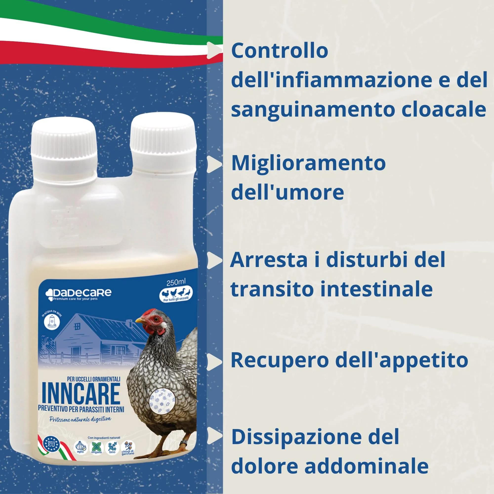 DADECARE Preventivo Parassiti Interni Naturale per Polli, Pollame ed Esotici, Estratto di Aglio e Oregano, Inncare, 250 ml - immagine 3