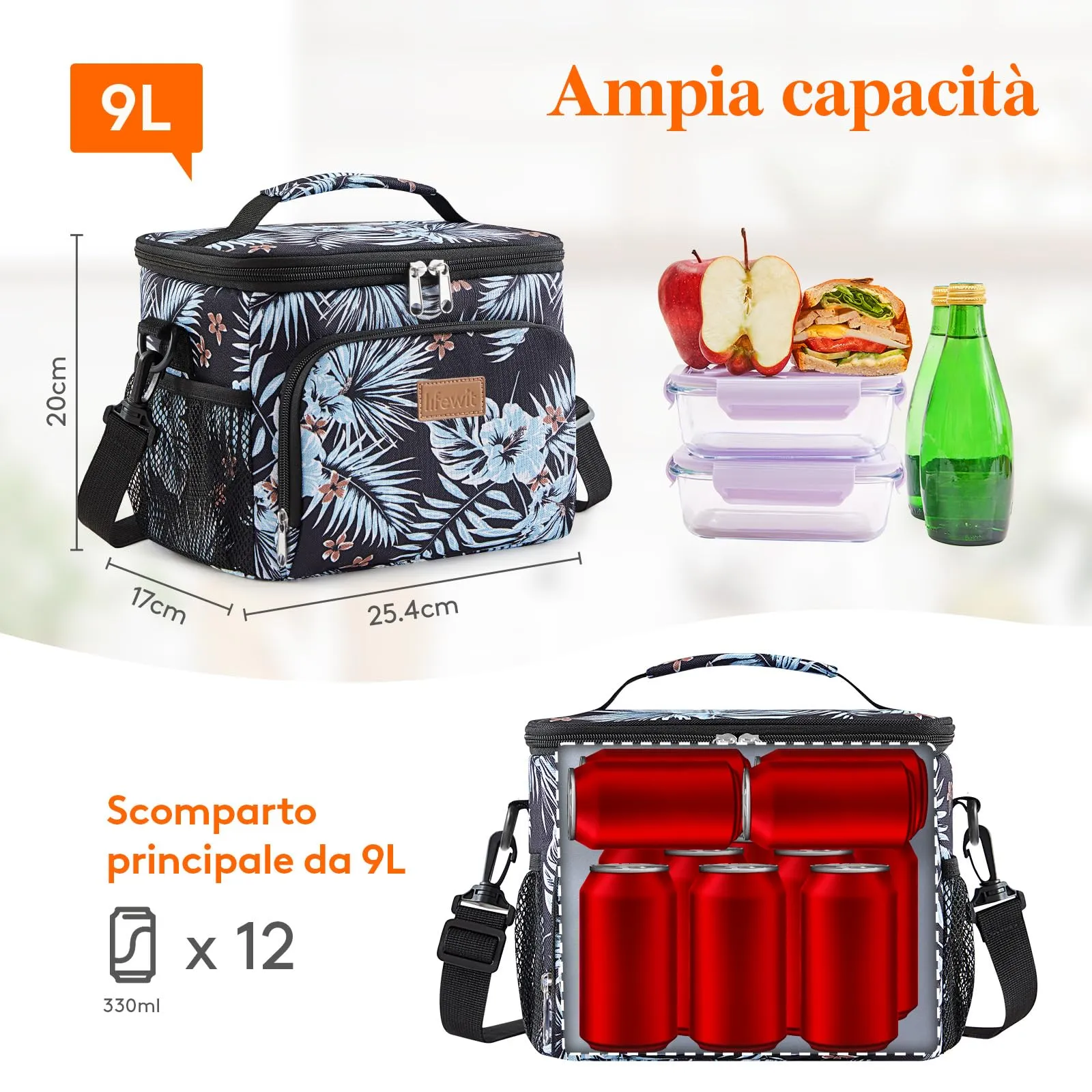 Lifewit Borsa Termica Porta Pranzo Impermeabile, Floreale, 9L - immagine 3