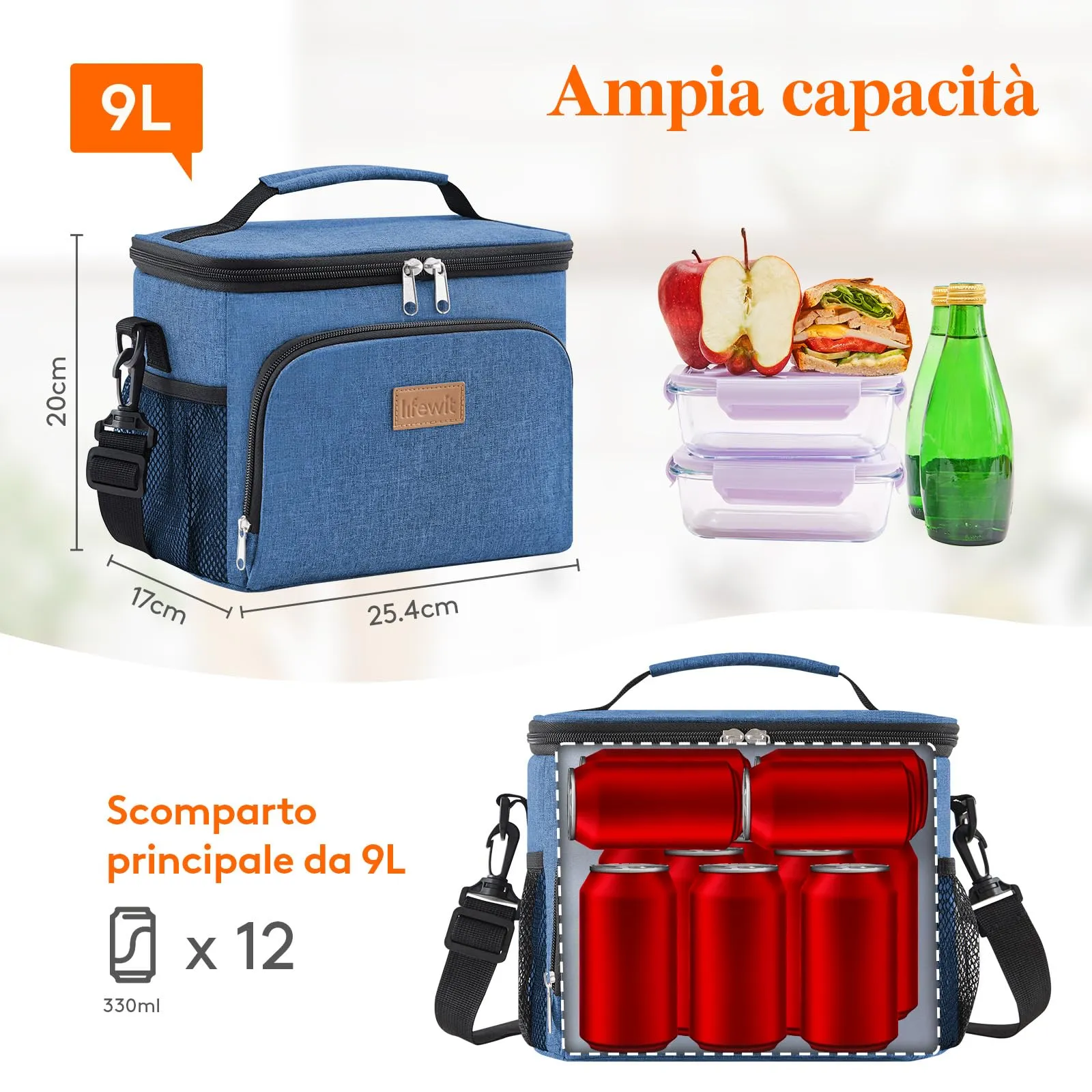 Lifewit Borsa Termica Porta Pranzo Impermeabile con Tracolla, 9L, Blu Scuro - immagine 3