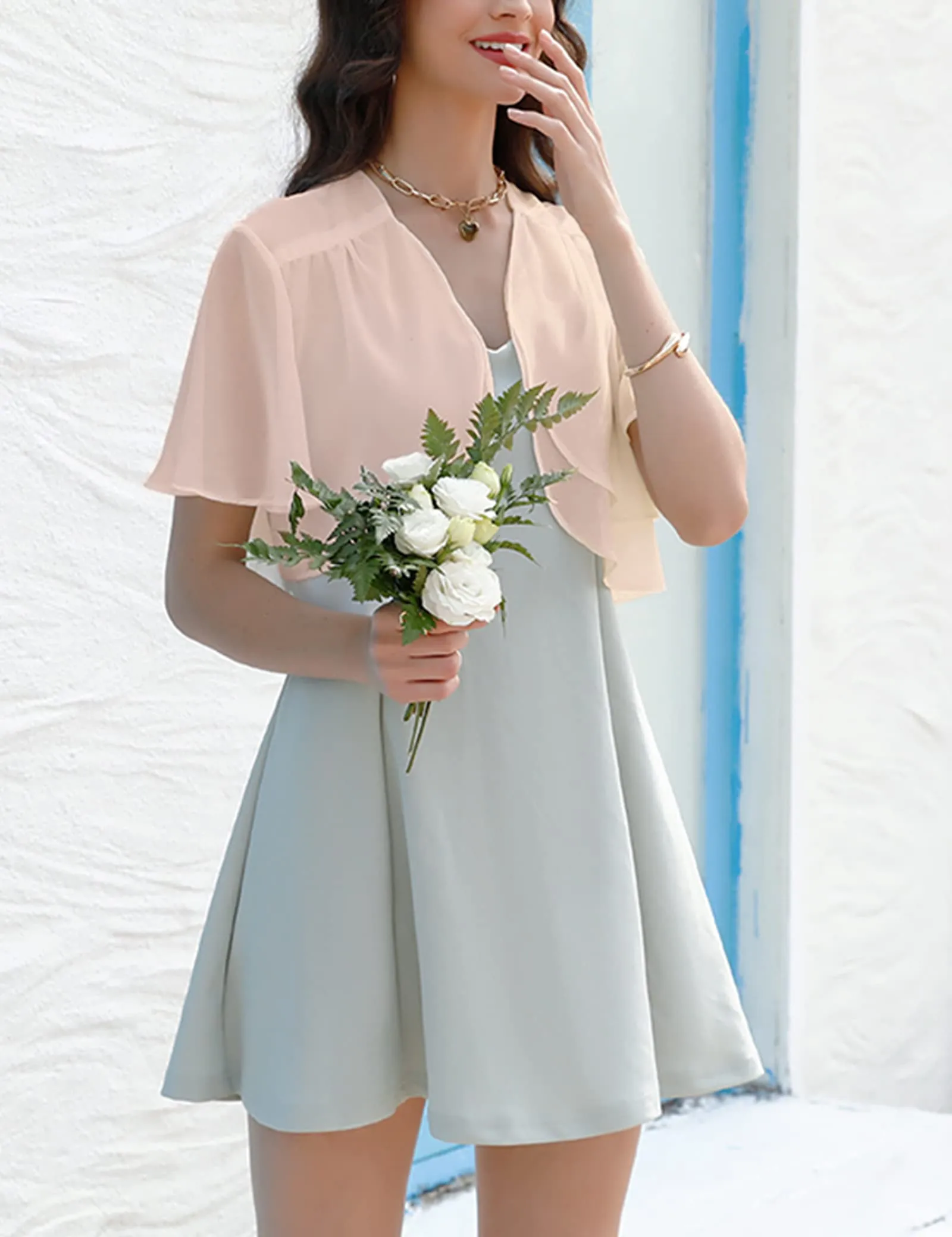 Aottori Coprispalle Donna in Chiffon Maniche Corte, Albicocca, L - immagine 9
