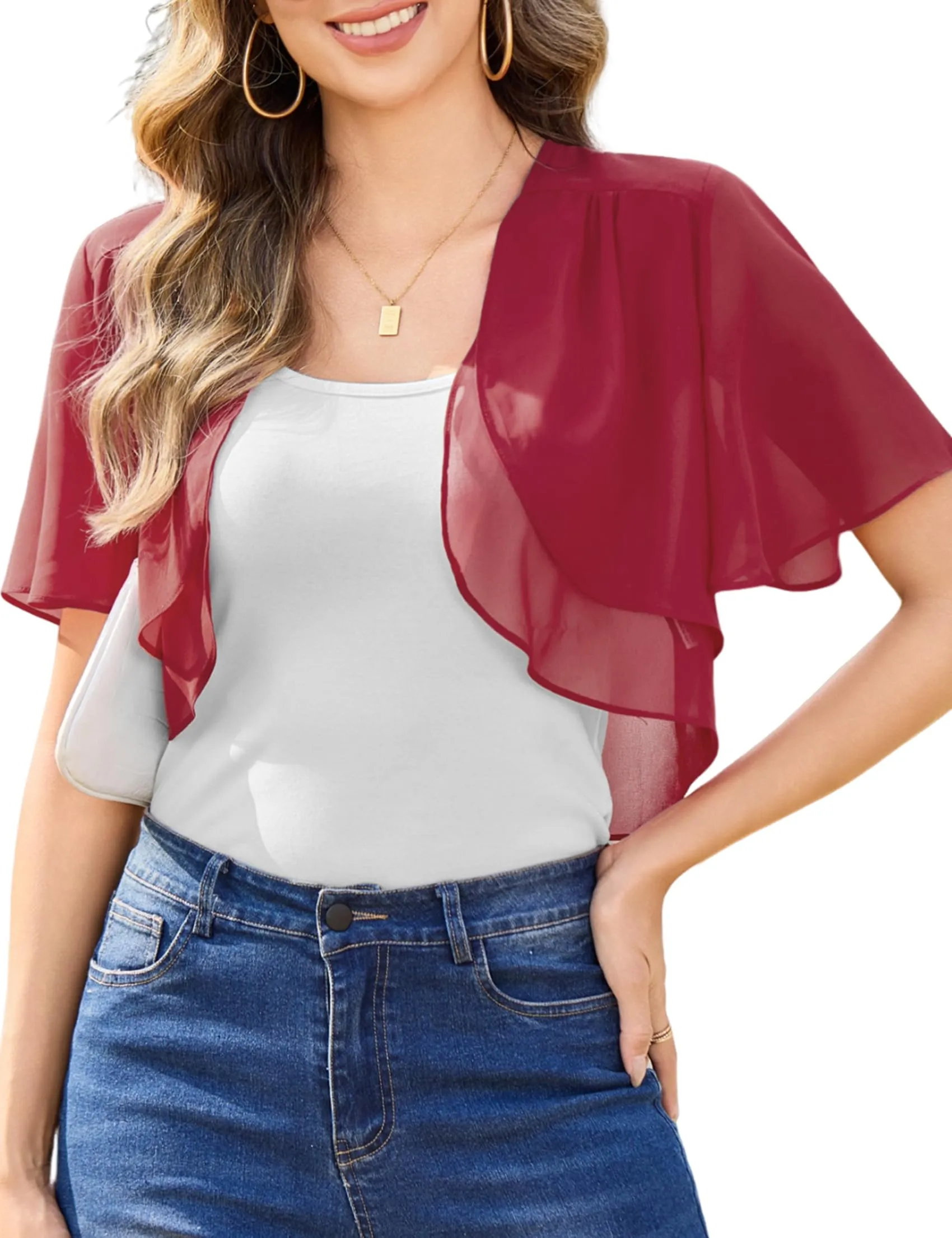 Aottori Coprispalle Donna in Chiffon, Vino Rosso, M - immagine 1