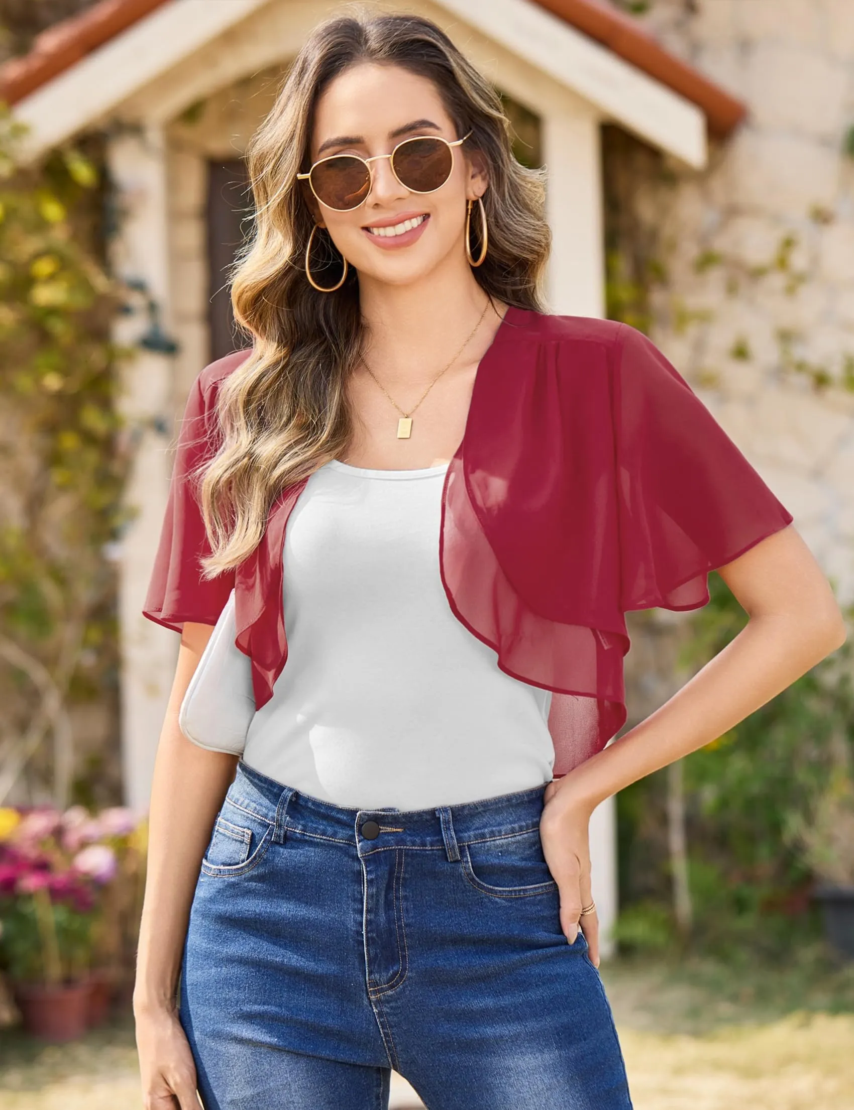 Aottori Coprispalle Donna in Chiffon, Vino Rosso, M - immagine 2