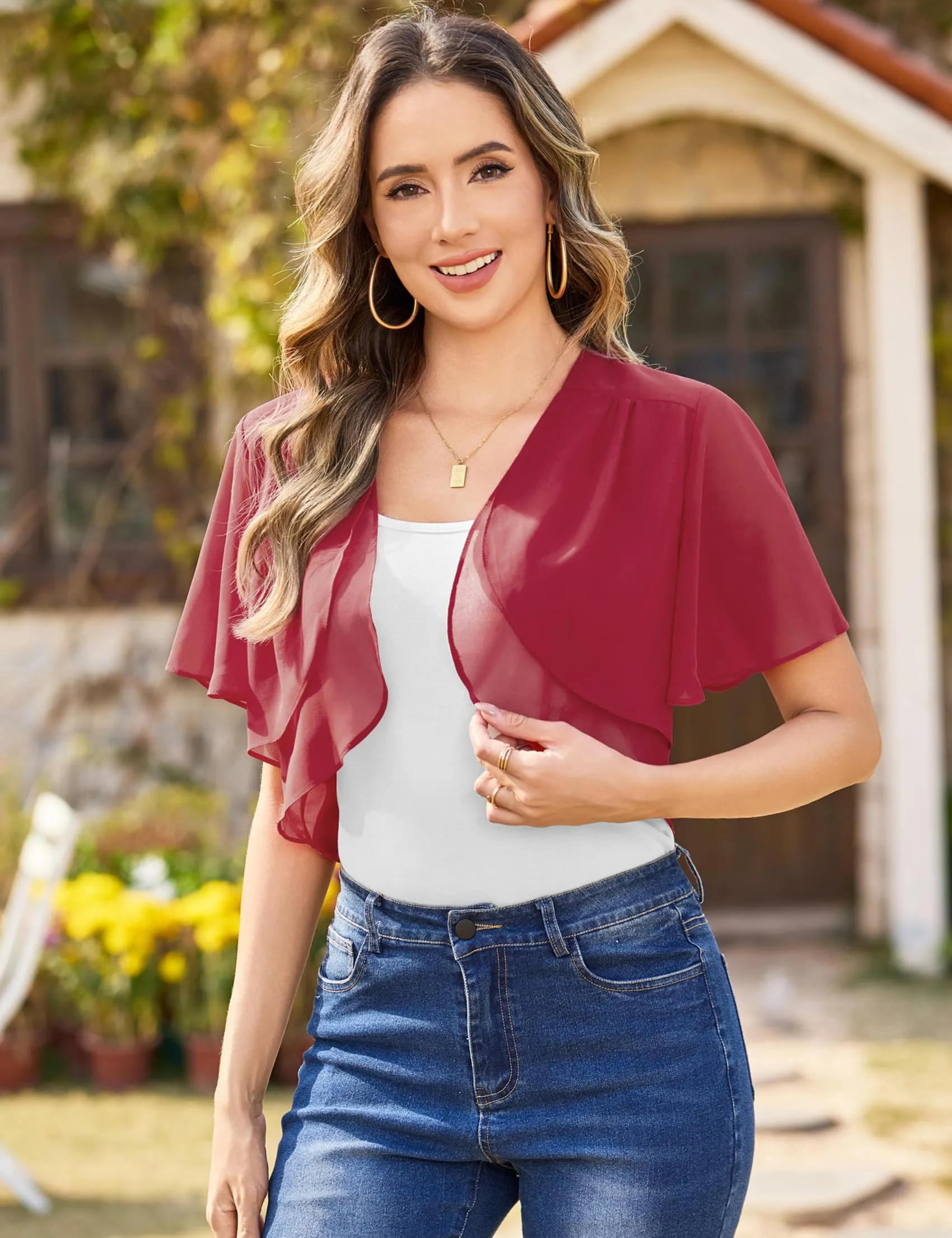 Aottori Coprispalle Donna in Chiffon, Vino Rosso, M - immagine 4