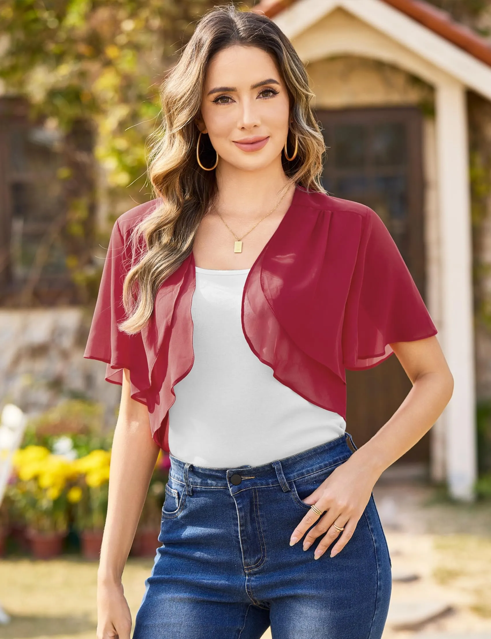 Aottori Coprispalle Donna in Chiffon, Vino Rosso, M - immagine 7