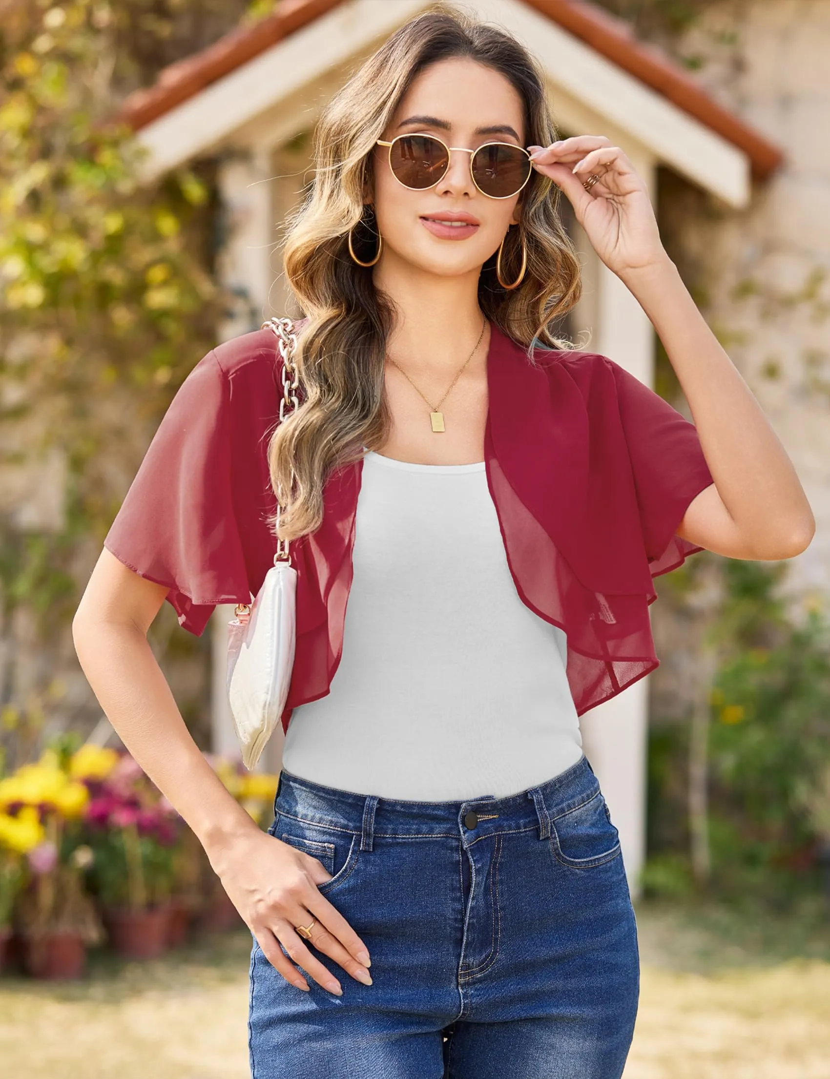 Aottori Coprispalle Donna in Chiffon, Vino Rosso, M - immagine 8
