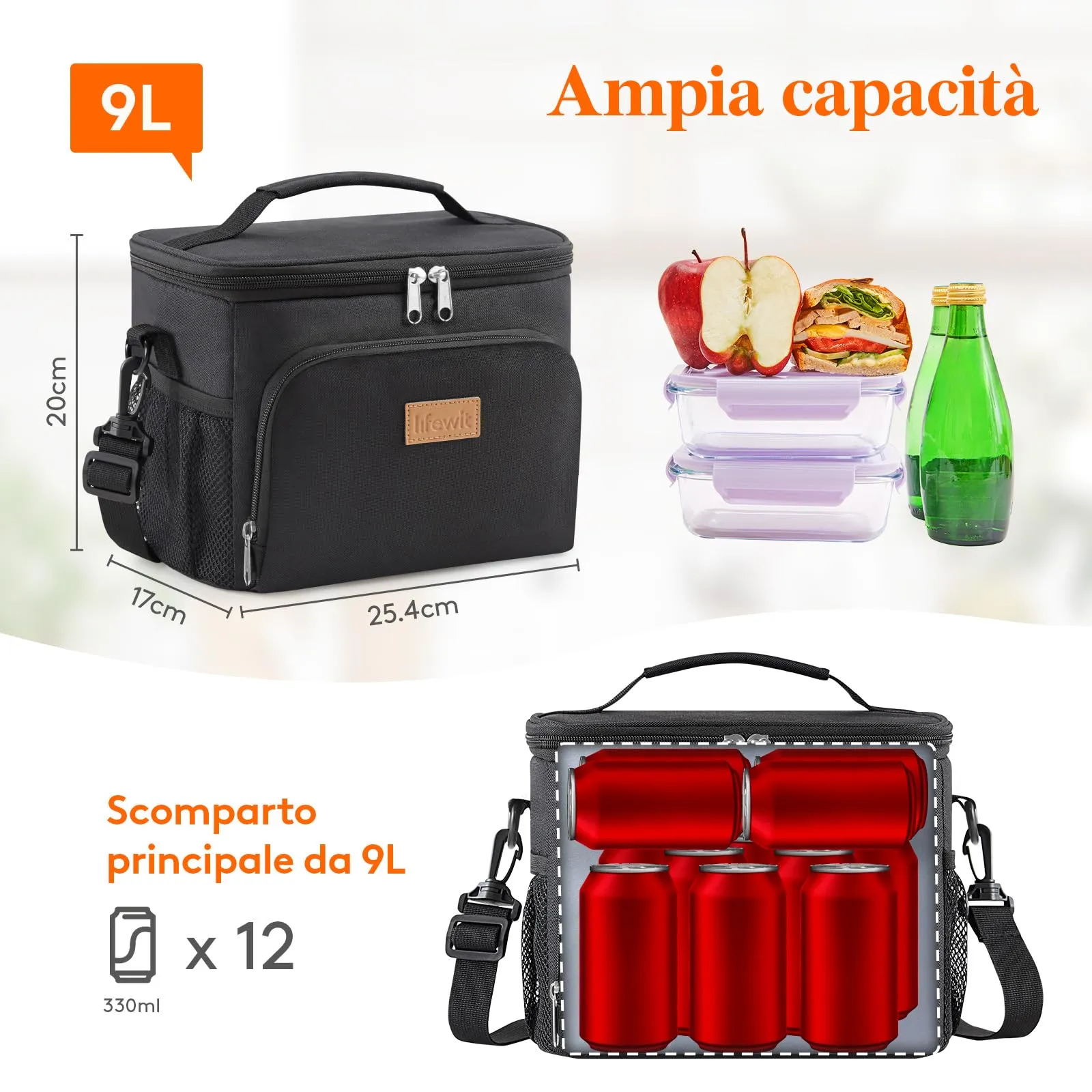 Lifewit Borsa Termica Porta Pranzo Impermeabile con Tracolla, Nero, 9L - immagine 3