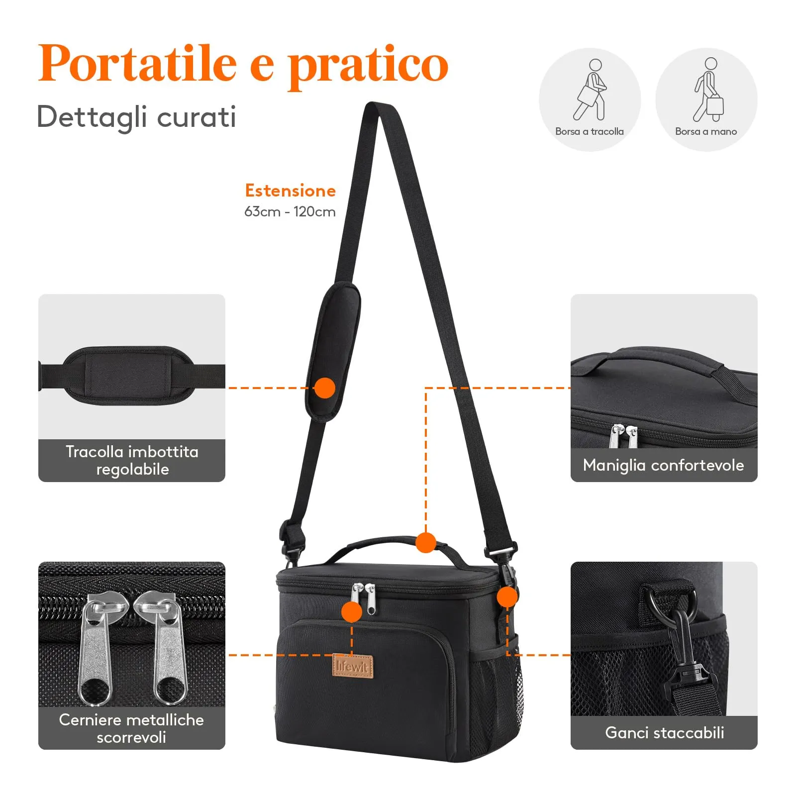 Lifewit Borsa Termica Porta Pranzo Impermeabile con Tracolla, Nero, 9L - immagine 6
