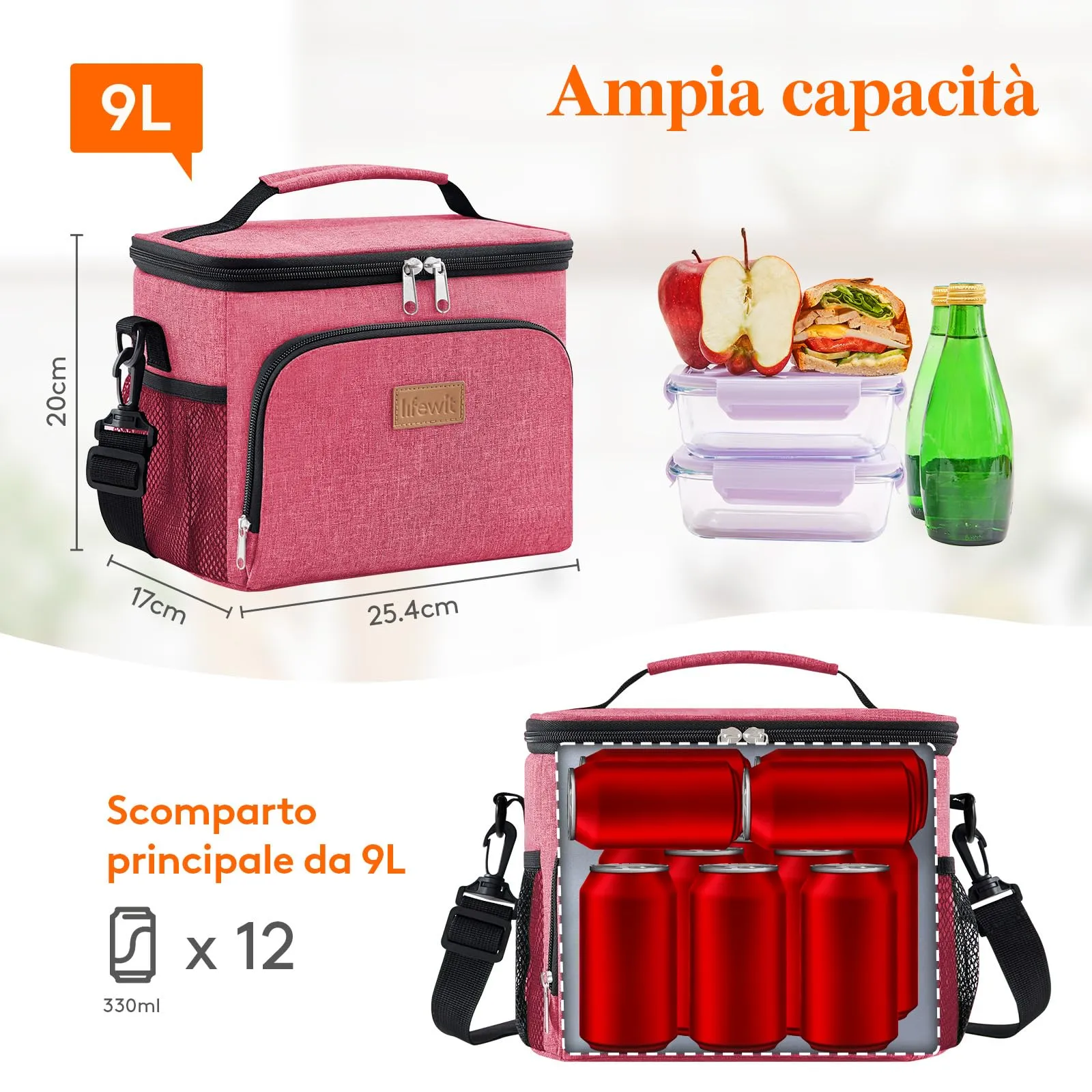 Lifewit Borsa Termica Porta Pranzo Impermeabile con Tracolla, Rosa, 9L - immagine 3