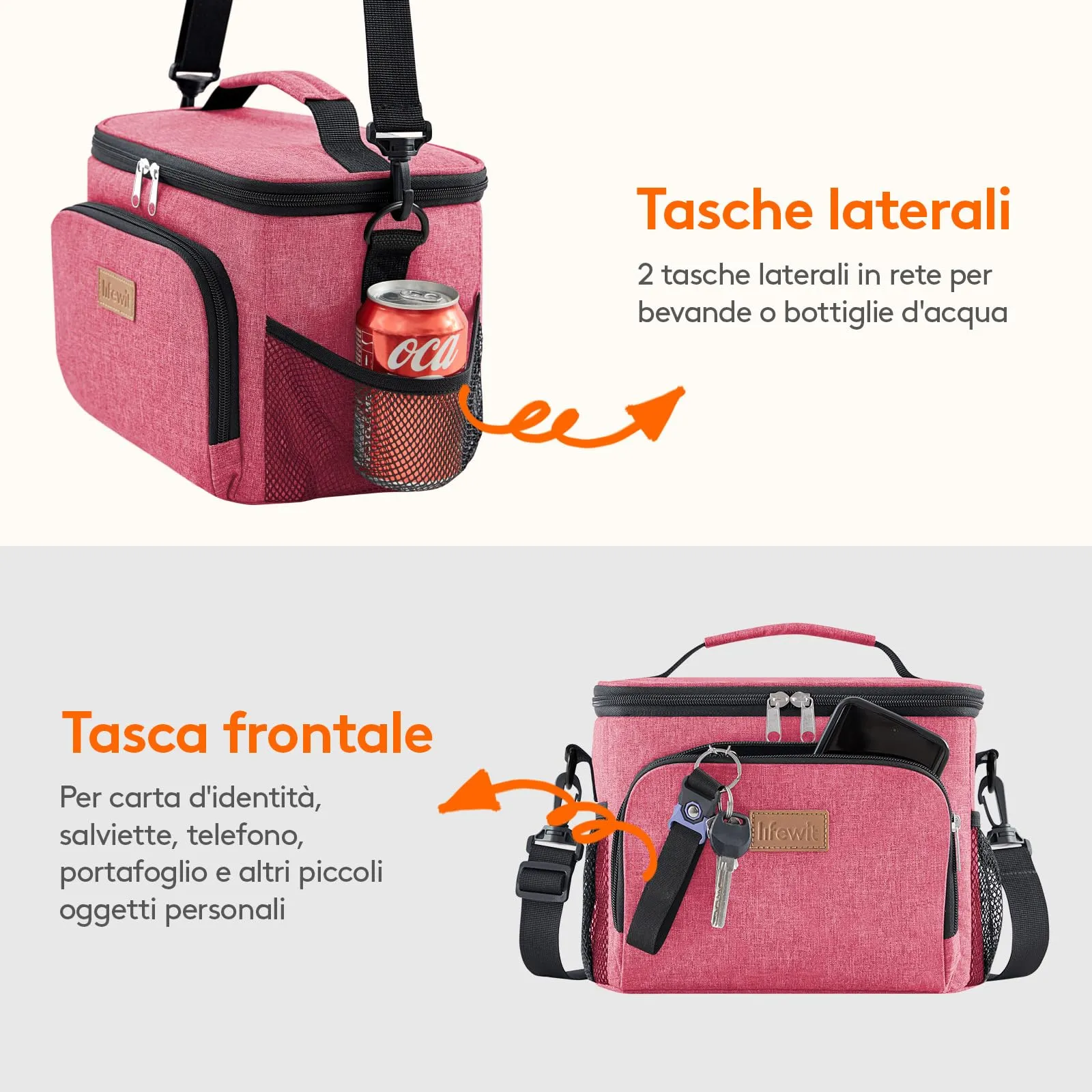 Lifewit Borsa Termica Porta Pranzo Impermeabile con Tracolla, Rosa, 9L - immagine 6
