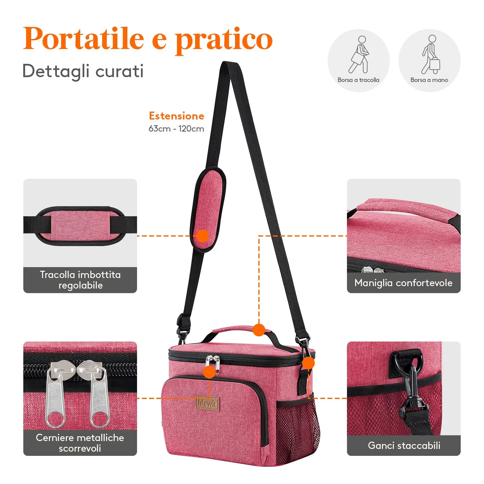Lifewit Borsa Termica Porta Pranzo Impermeabile con Tracolla, Rosa, 9L - immagine 7