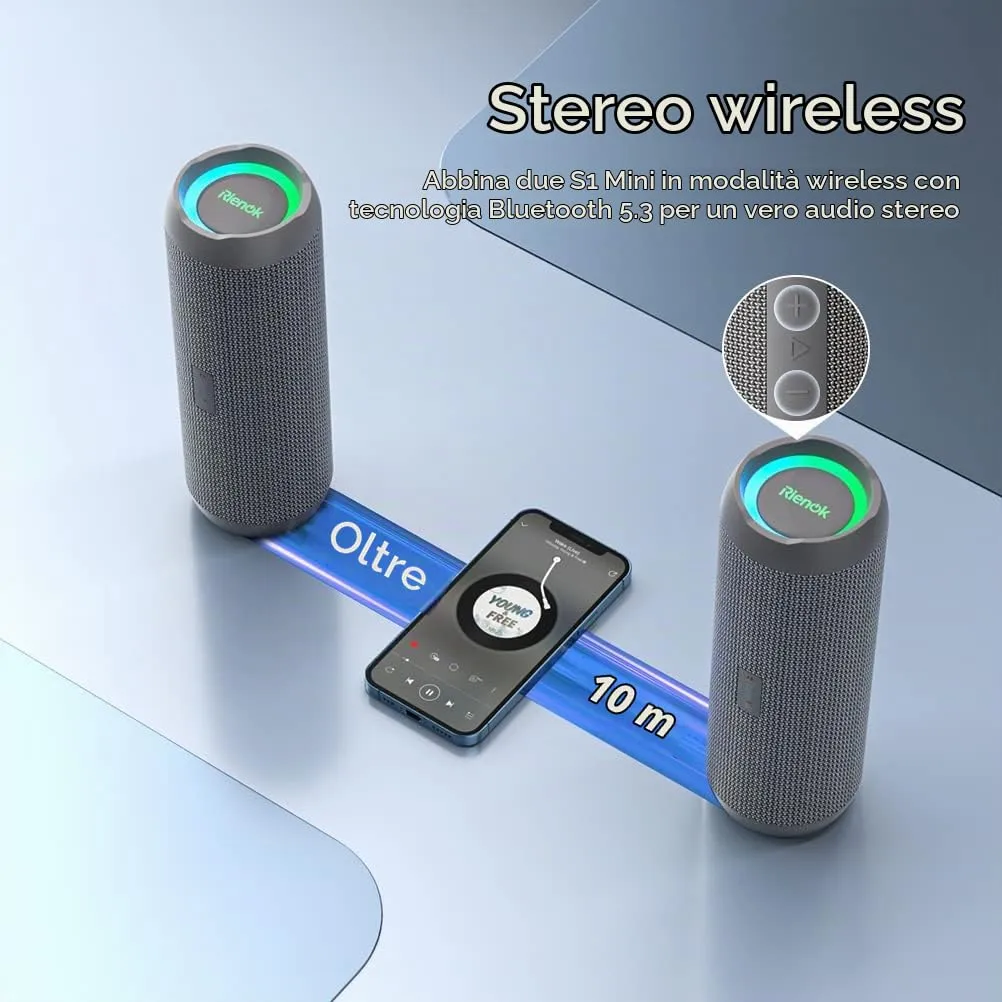 RIENOK S1 mini Cassa Bluetooth Portatile 30W Impermeabile IPX7, Grigio - immagine 4
