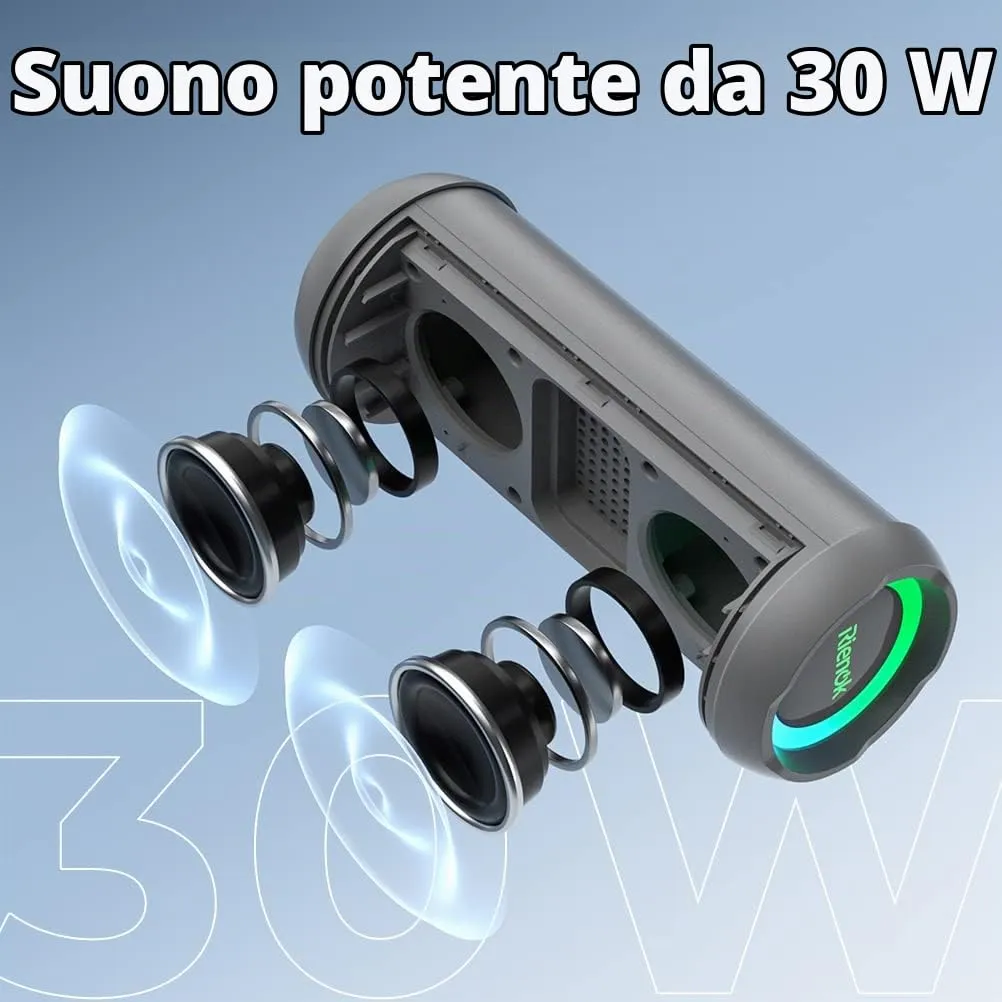 RIENOK S1 mini Cassa Bluetooth Portatile 30W Impermeabile IPX7, Grigio - immagine 5