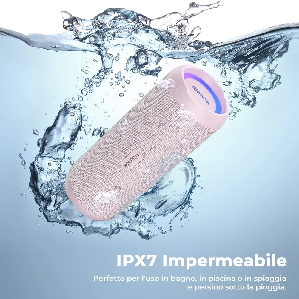 RIENOK Cassa Bluetooth Portatile 30W Impermeabile IPX7, Rosa - immagine 5