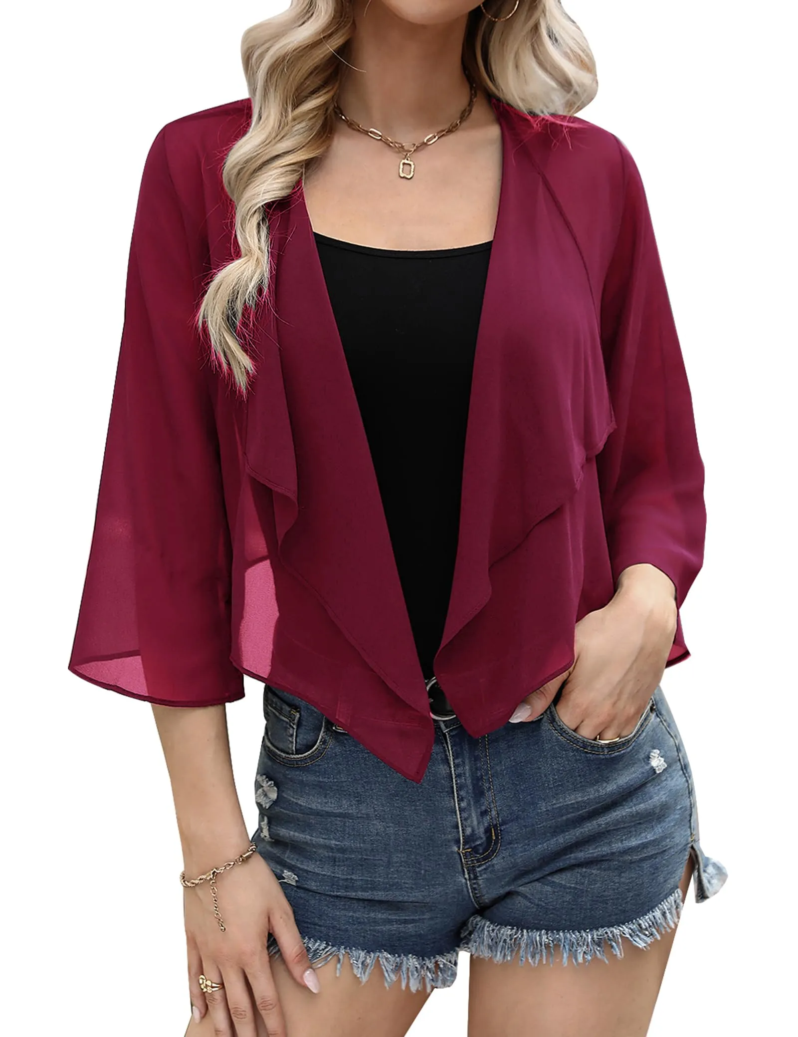 Aottori Coprispalle Donna in Chiffon, Maniche 3/4, Vino Rosso, S - immagine 1