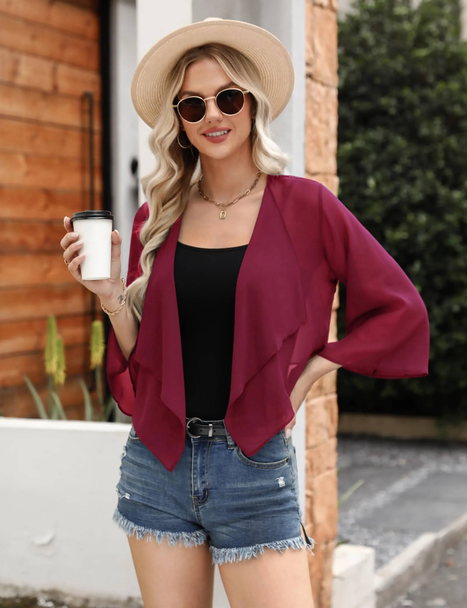 Aottori Coprispalle Donna in Chiffon, Maniche 3/4, Vino Rosso, S - immagine 3
