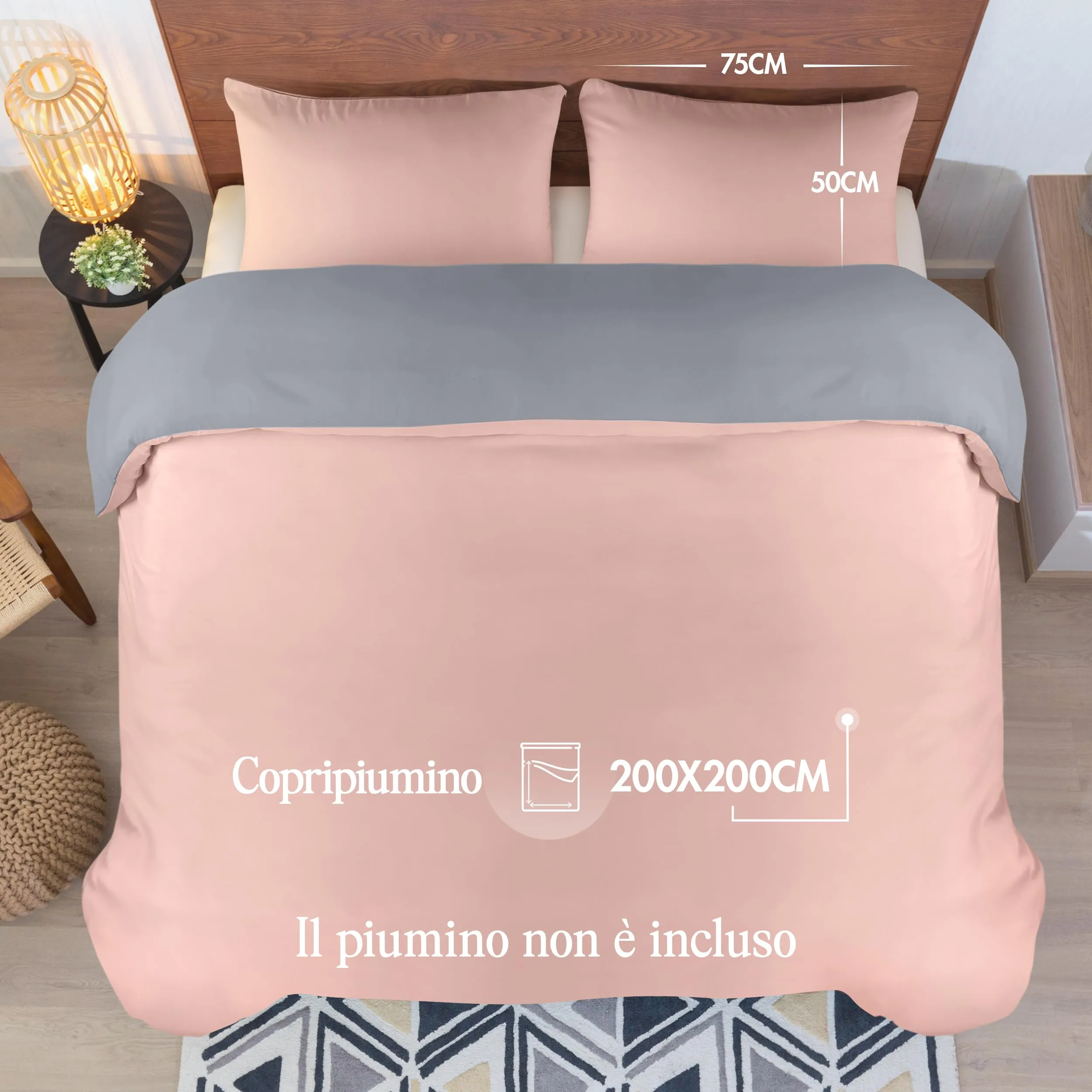 Utopia Bedding Set Copripiumino 200x200 cm e 2 Federe 50x75 cm, Grigio/Rosa - immagine 2
