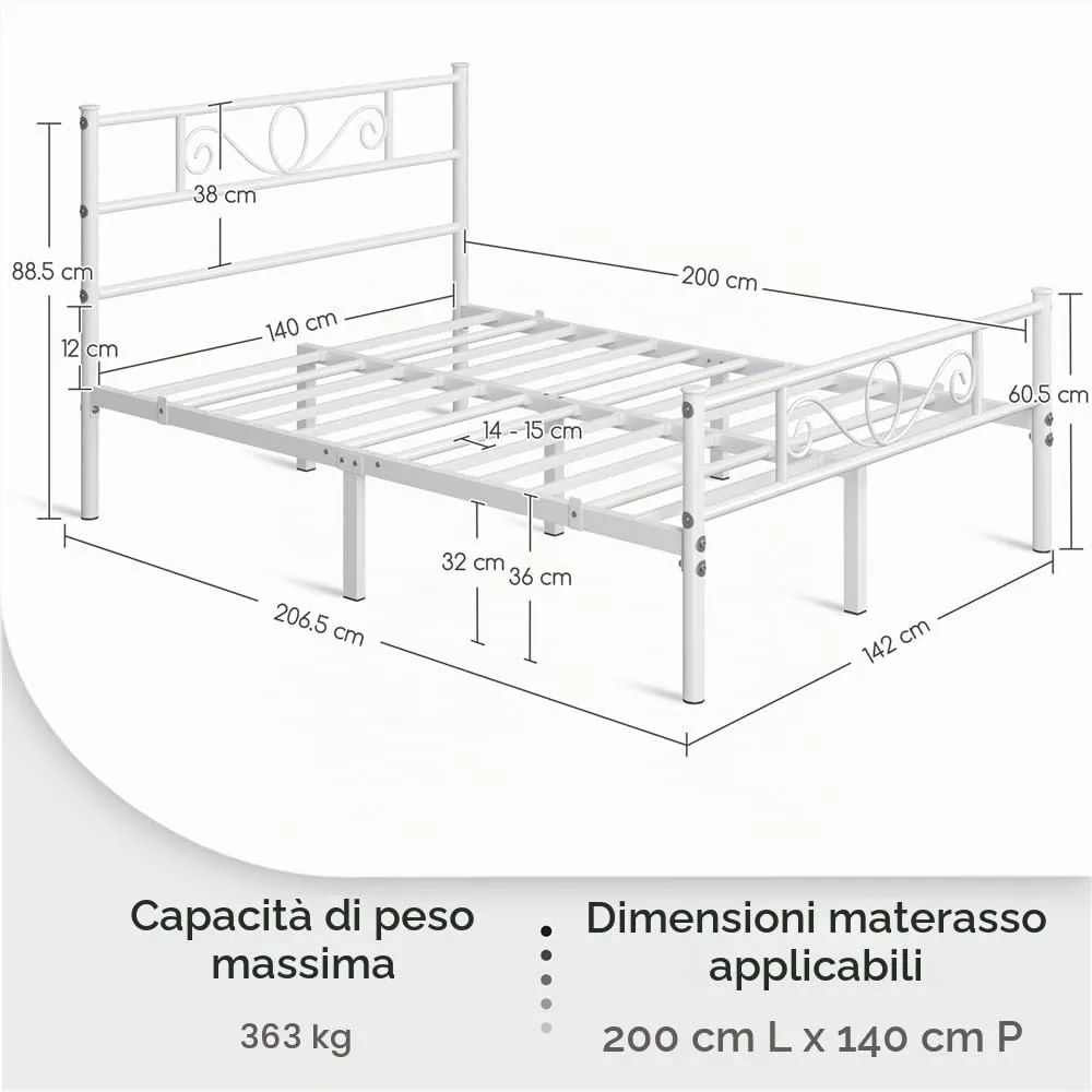 Yaheetech Struttura Letto Matrimoniale in Ferro 140 x 200 cm, Bianco - immagine 2