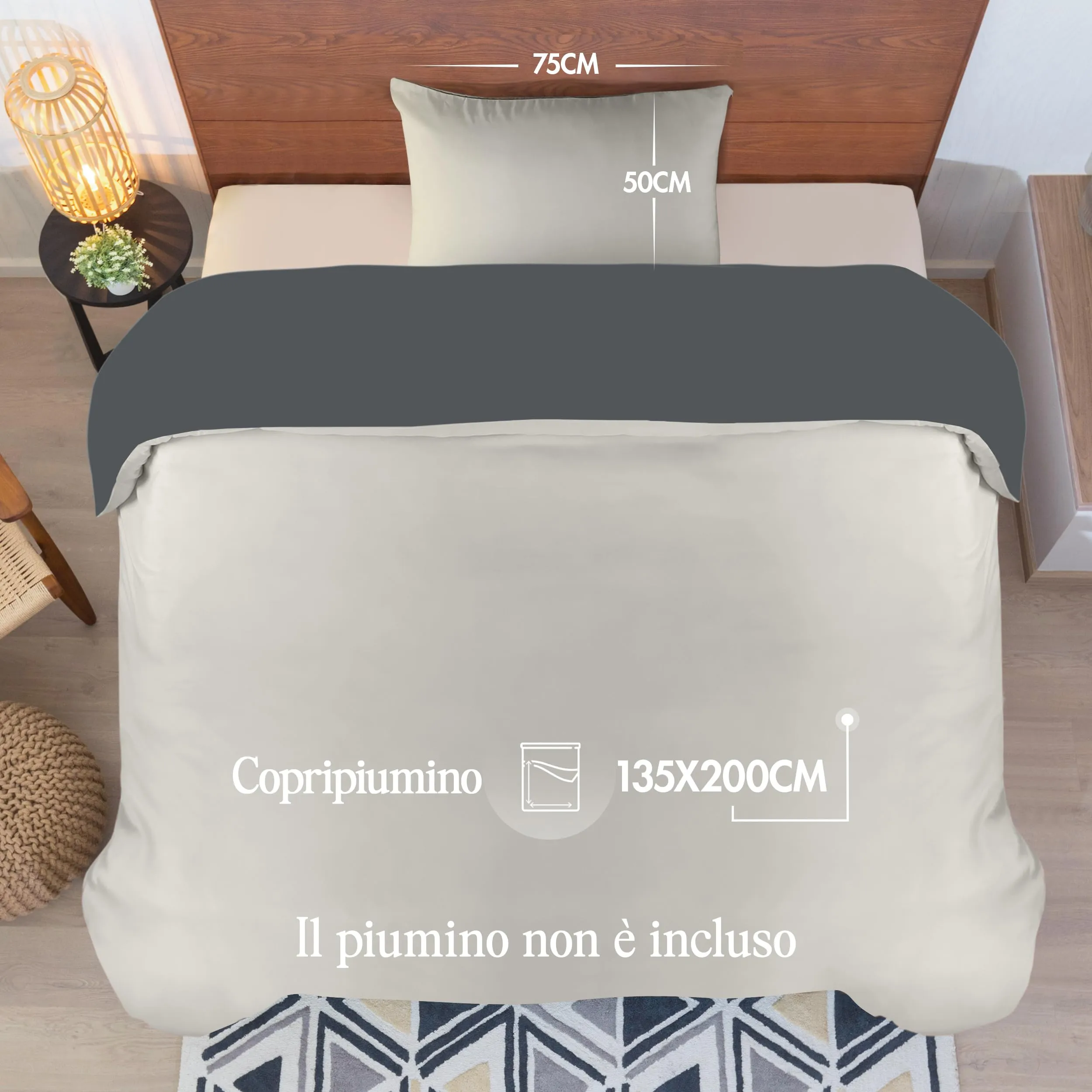 Utopia Bedding Set Copripiumino Singolo e Federa, Microfibra, 135x200cm + 50x75cm, Grigio Scuro/Grigio Chiaro - immagine 2