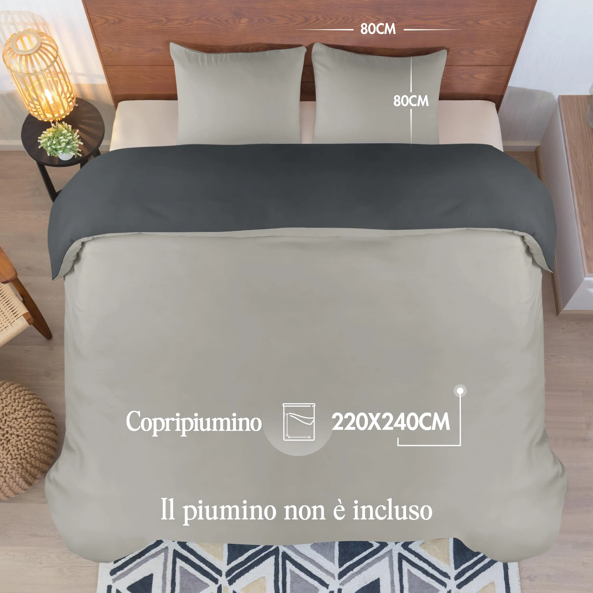 Utopia Bedding Set Copripiumino 240x220 cm e 2 Federe 65x65 cm, Grigio Scuro/Grigio Chiaro - immagine 2