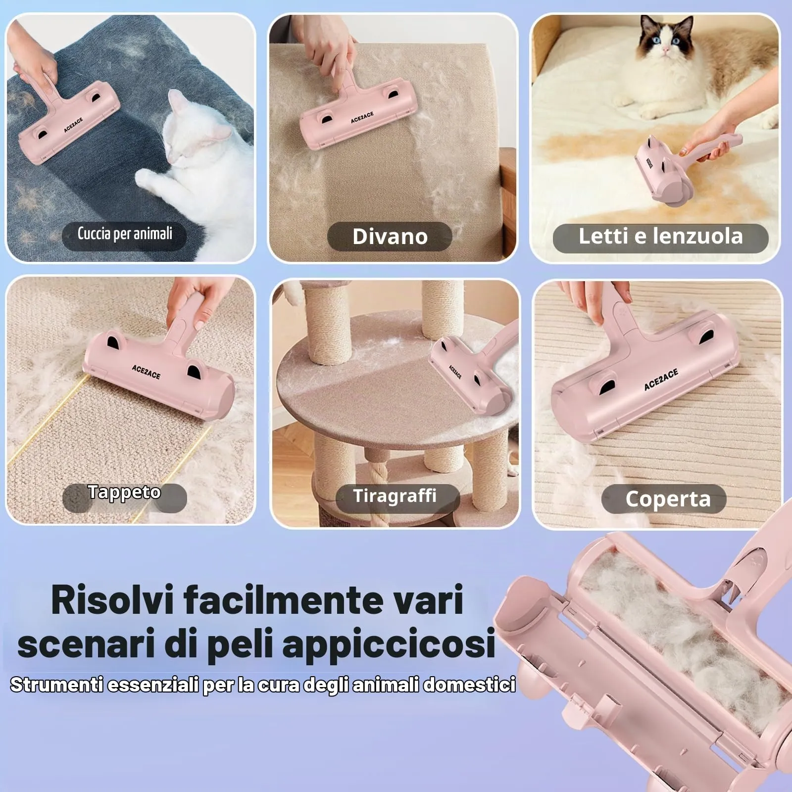 ACE2ACE Spazzola Togli Peli Animali Riutilizzabile per Gatto e Cane, Rosa - immagine 5