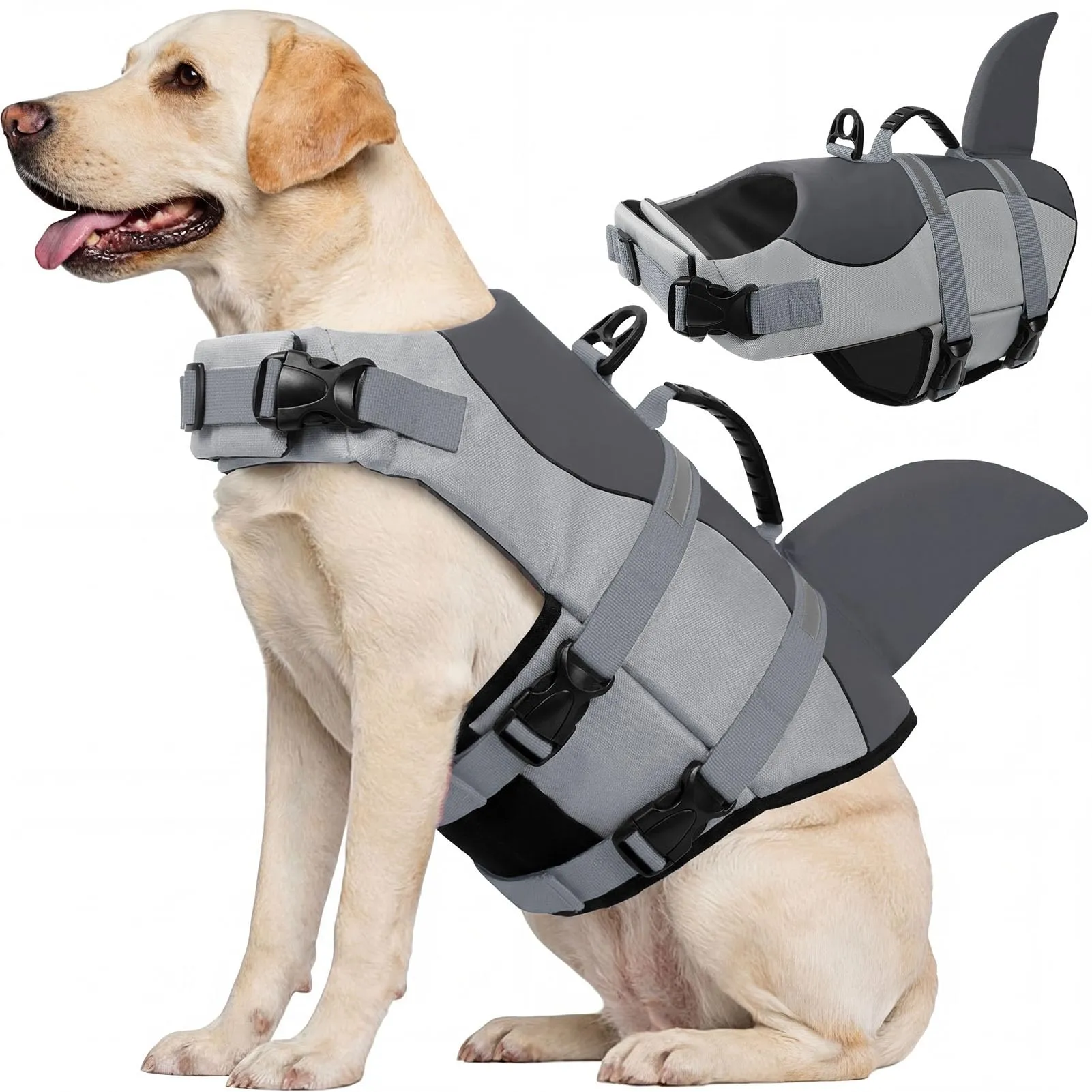 CITÉTOILE Giubbotto Salvagente per Cani Ripstop con Pinna di Squalo, Grigio, XL - immagine 1