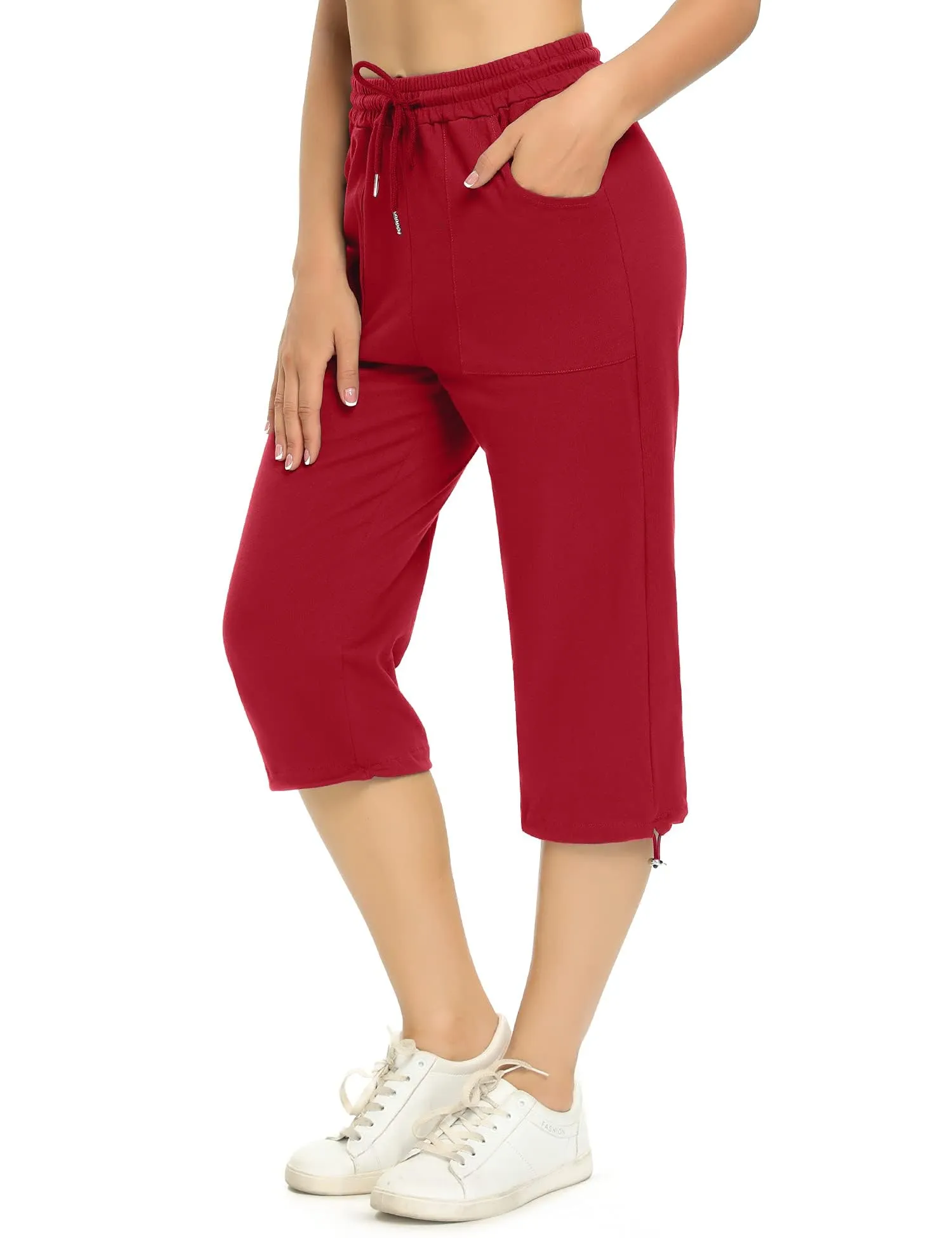 Totatuit Pantaloni Capri Donna Estivi Sportivi 3/4 in Cotone con Tasca, Rosso Intenso, M - immagine 1