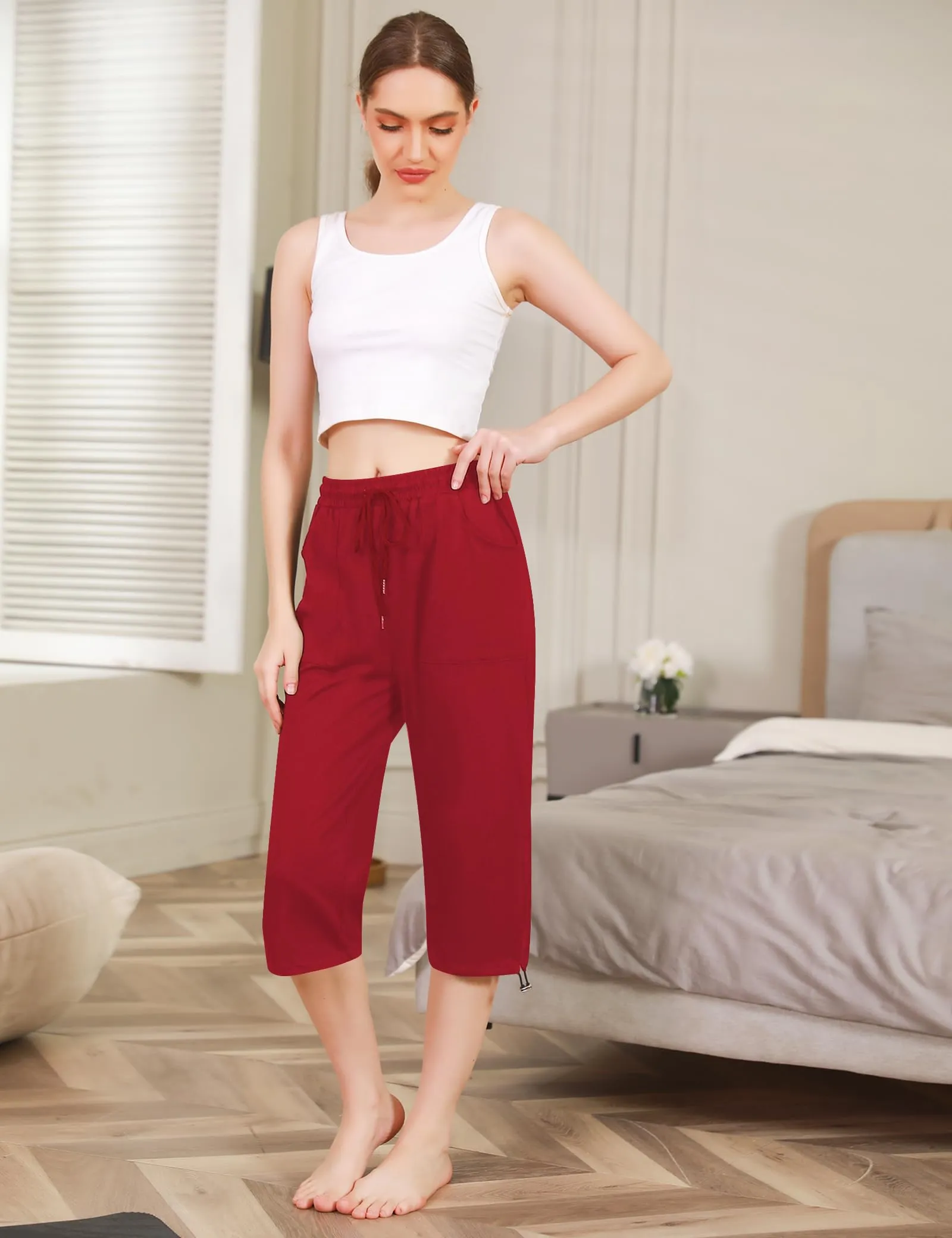 Totatuit Pantaloni Capri Donna Estivi Sportivi 3/4 in Cotone con Tasca, Rosso Intenso, M - immagine 2