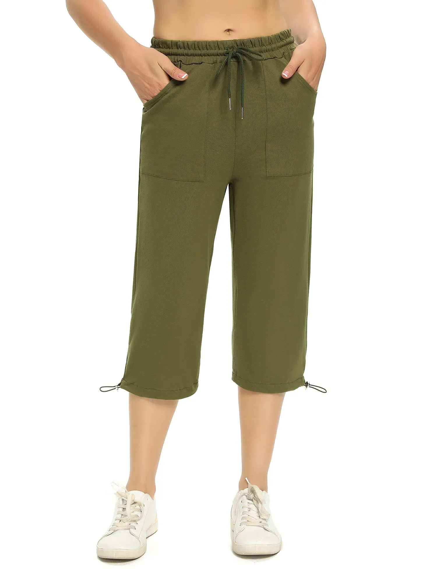 Totatuit Pantaloni Capri Donna Estivi Sportivi 3/4 in Cotone Regolabile con Tasca, Verde Army, XL - immagine 1