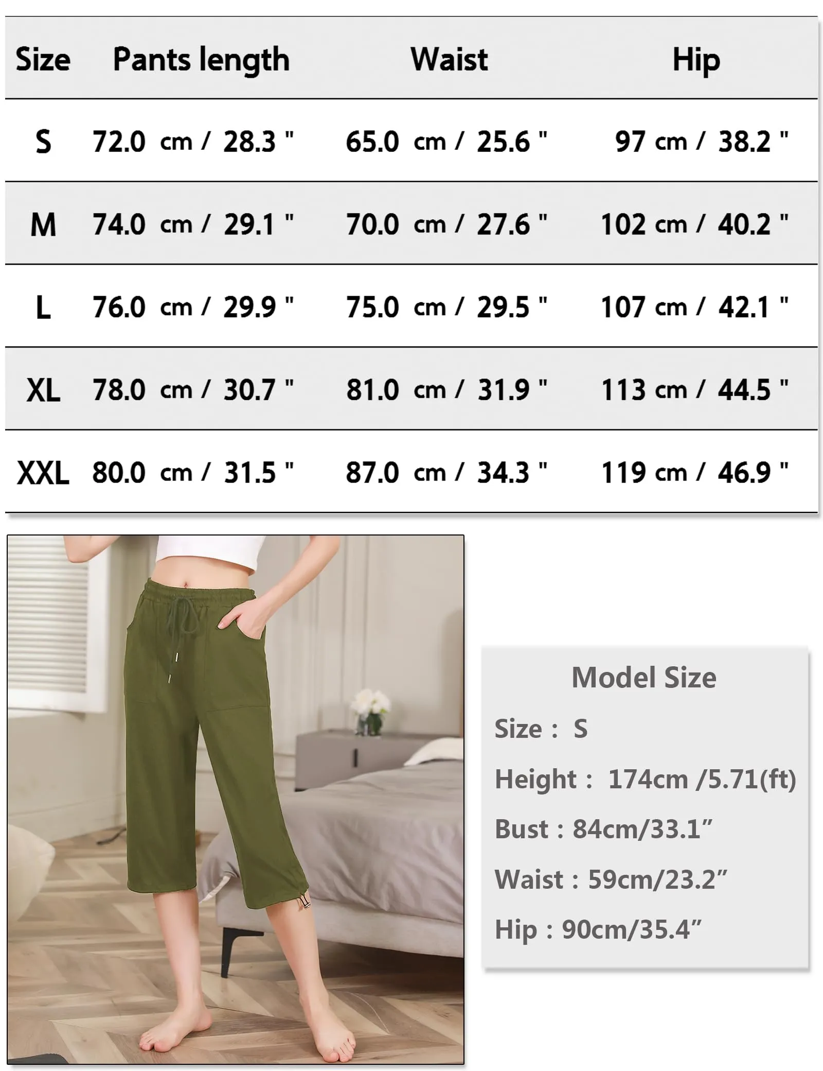 Totatuit Pantaloni Capri Donna Estivi Sportivi 3/4 in Cotone Regolabile con Tasca, Verde Army, XL - immagine 6