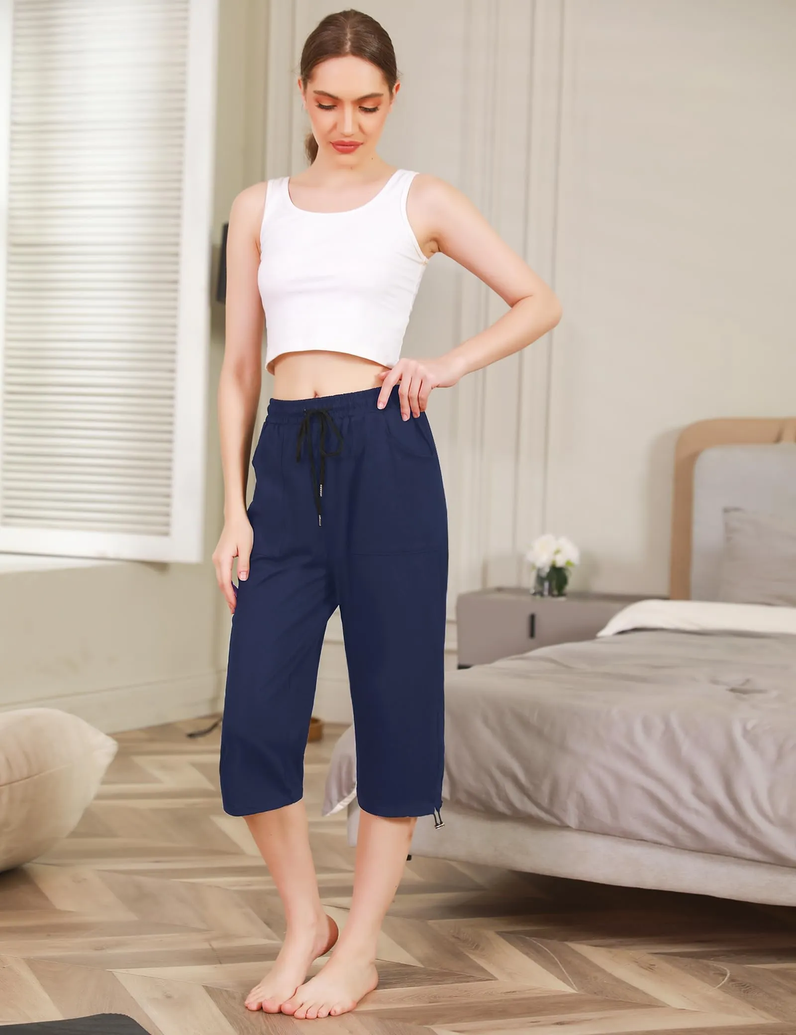 Totatuit Pantaloni Capri Donna Estivi 3/4 in Cotone con Tasca, Blu Navy, XL - immagine 5