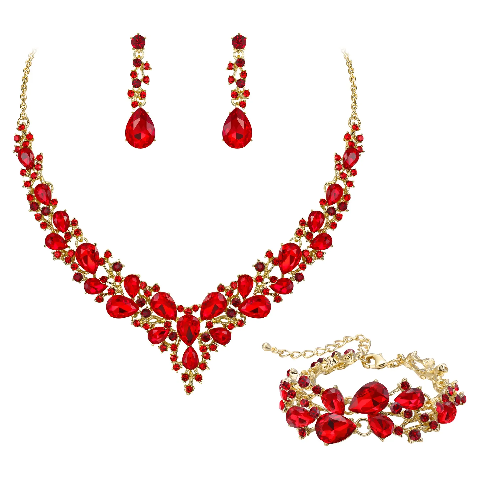 EVER FAITH Set Gioielli da Sposa in Cristallo Rosso Oro Fondo, Collana, Orecchini Pendenti e Bracciale - immagine 1