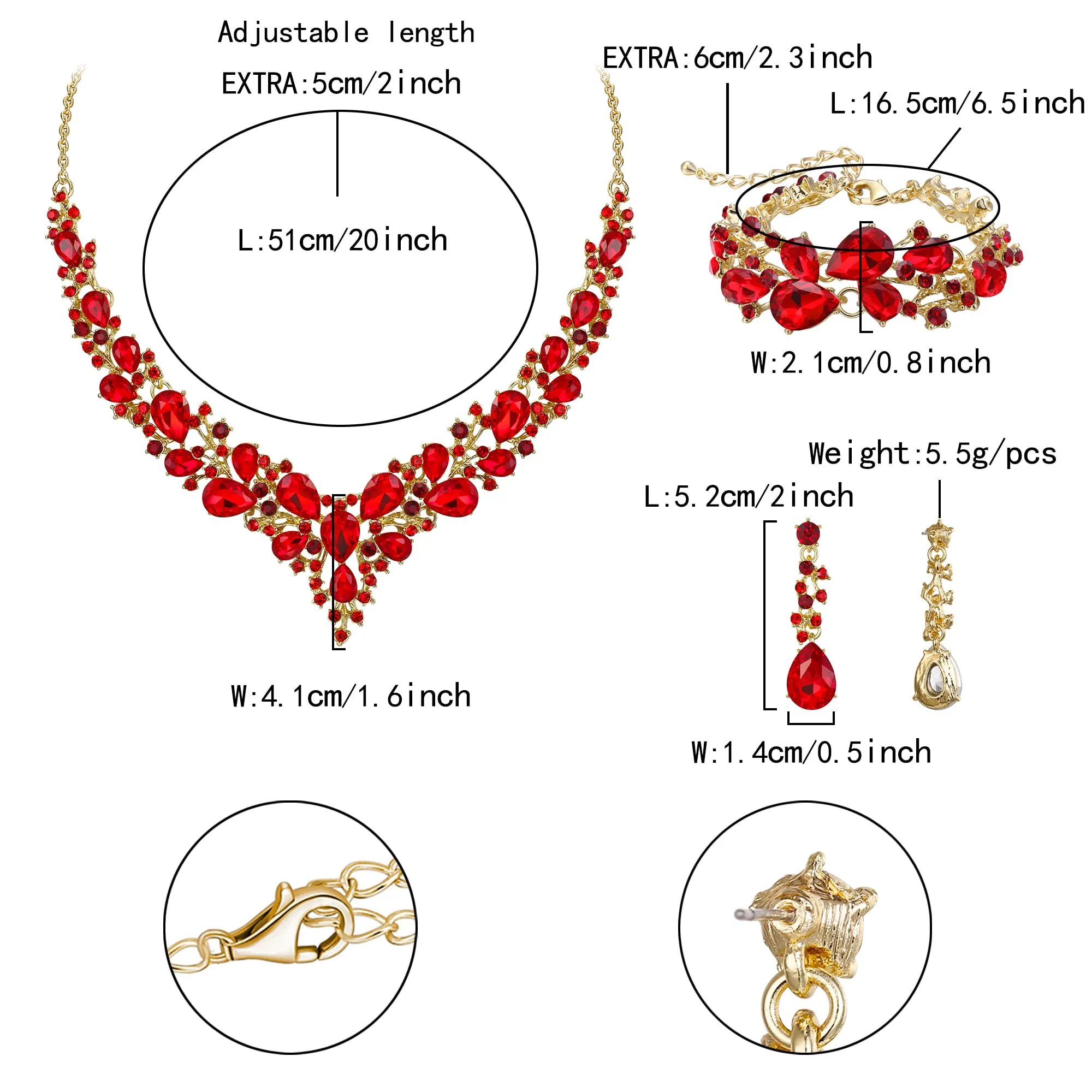 EVER FAITH Set Gioielli da Sposa in Cristallo Rosso Oro Fondo, Collana, Orecchini Pendenti e Bracciale - immagine 4