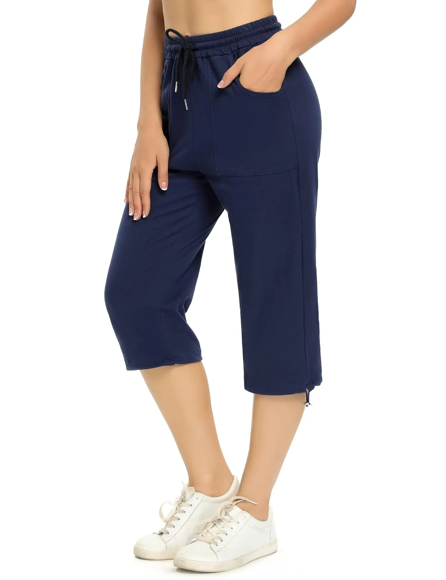 Totatuit Pantaloni Capri Donna Estivi 3/4 in Cotone Regolabile con Tasche, Blu Navy, XXL - immagine 1