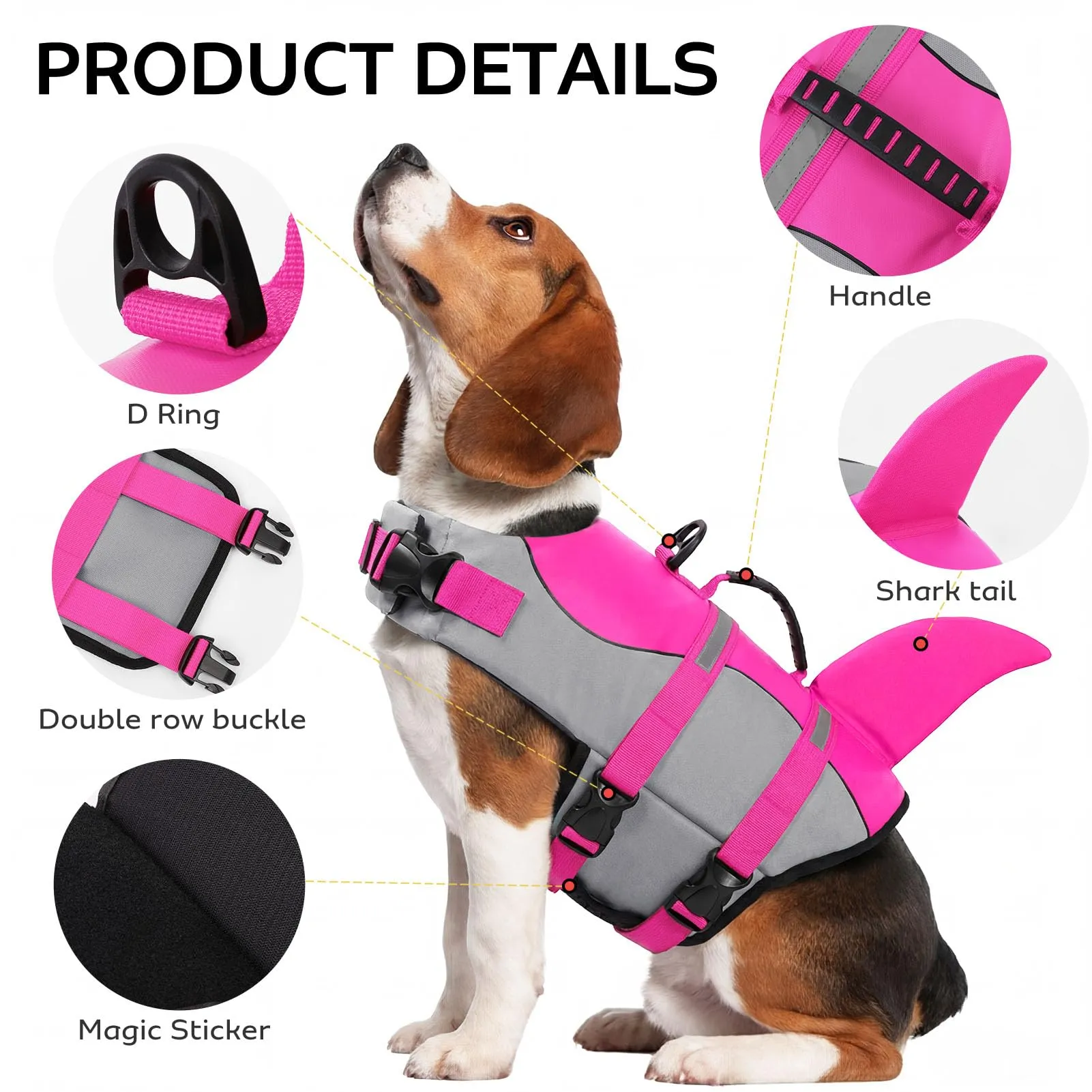 CITÉTOILE Giubbotto Salvagente per Cane, Ripstop Regolabile Design Squalo, Rosa, L - immagine 2