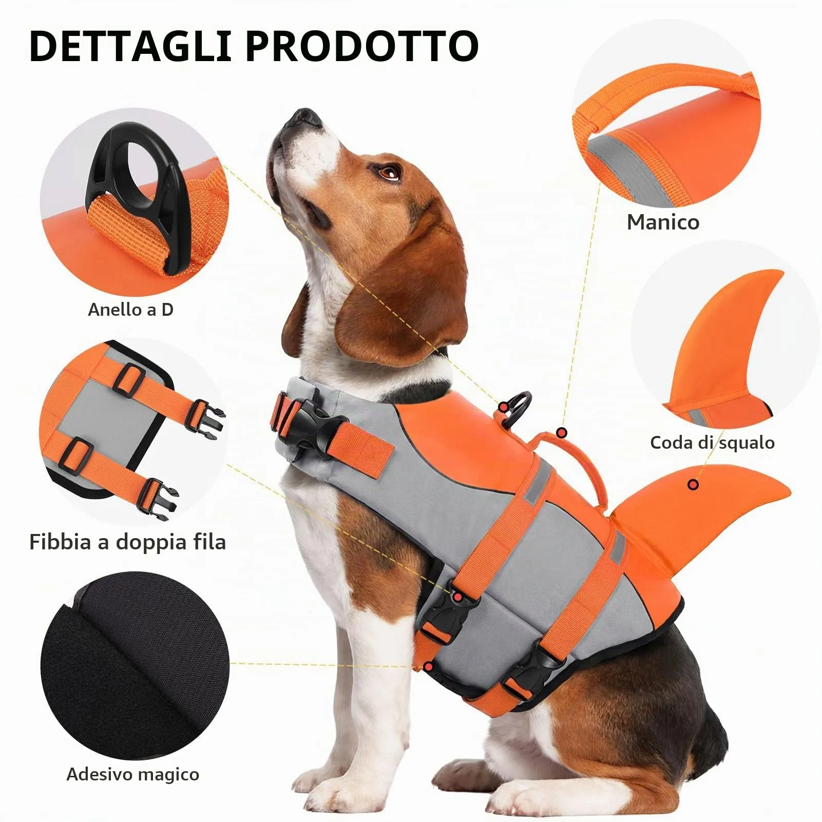 CITÉTOILE Salvagente per Cane Ripstop Regolabile Modello Squalo, Arancione, L - immagine 2