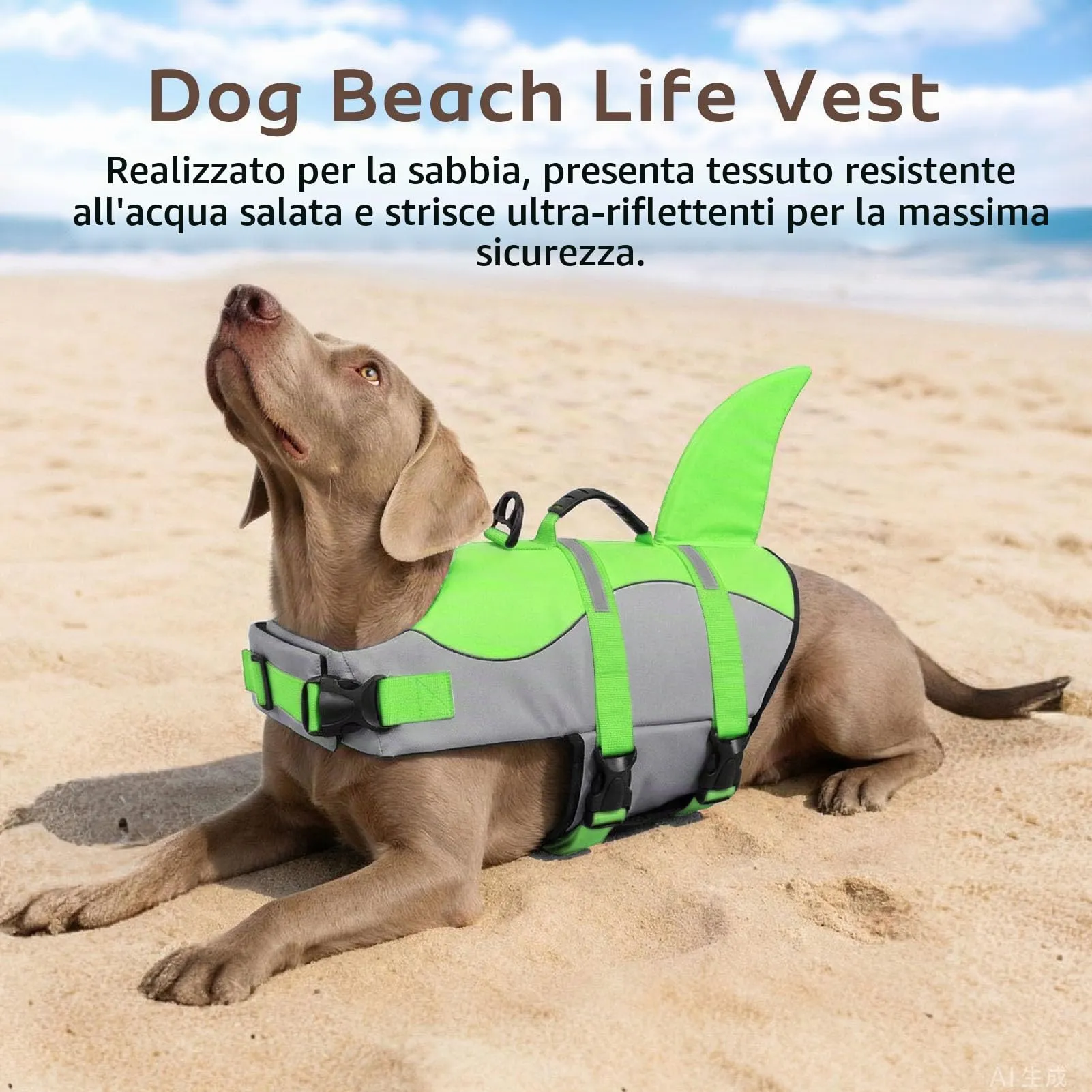 CITÉTOILE Giubbotto Salvagente per Cane, Ripstop Regolabile Design Squalo, Verde, S - immagine 5