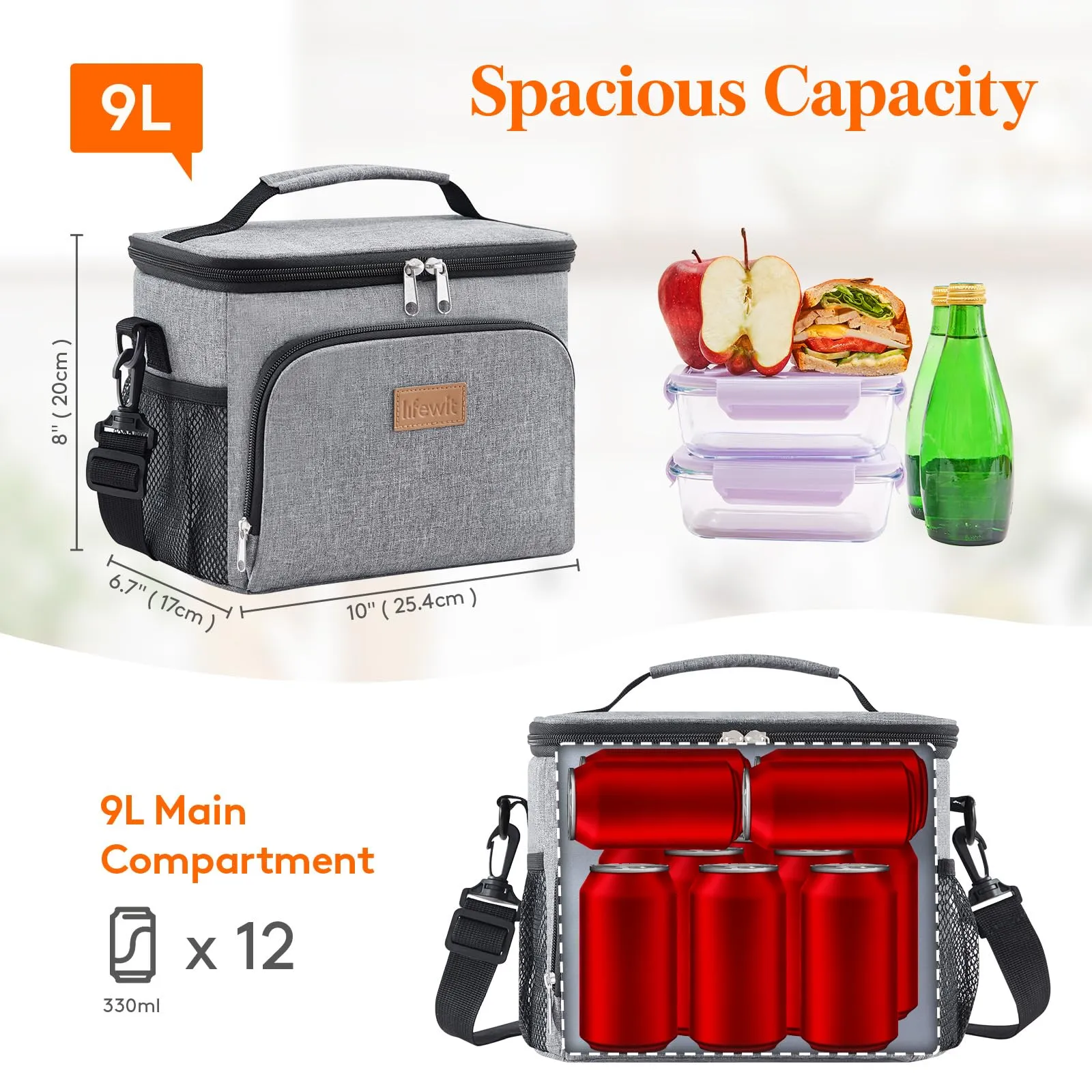 Lifewit Borsa Termica Porta Pranzo Impermeabile con Tracolla, Grigio, 9L - immagine 3