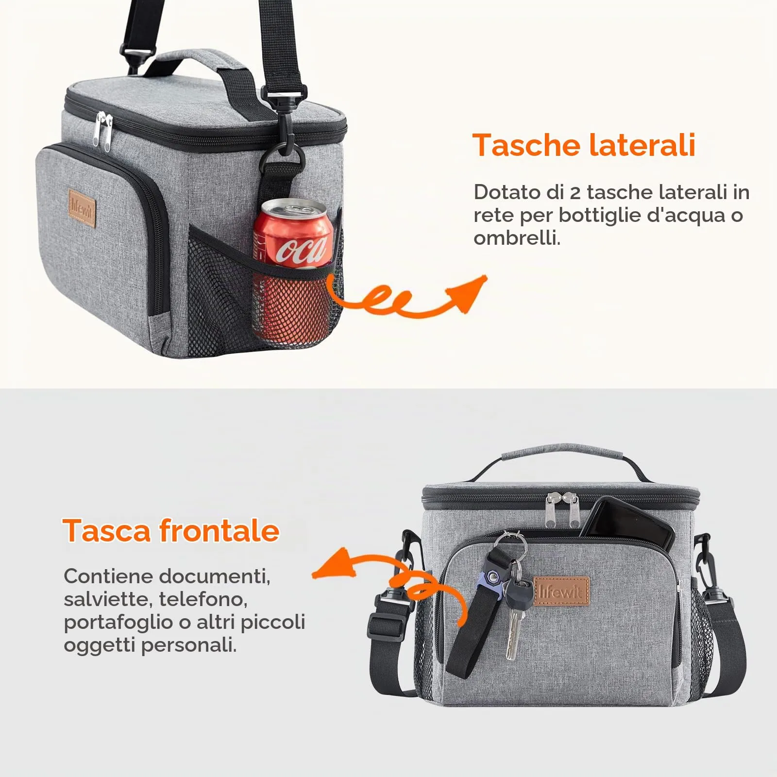 Lifewit Borsa Termica Porta Pranzo Impermeabile con Tracolla, Grigio, 9L - immagine 5